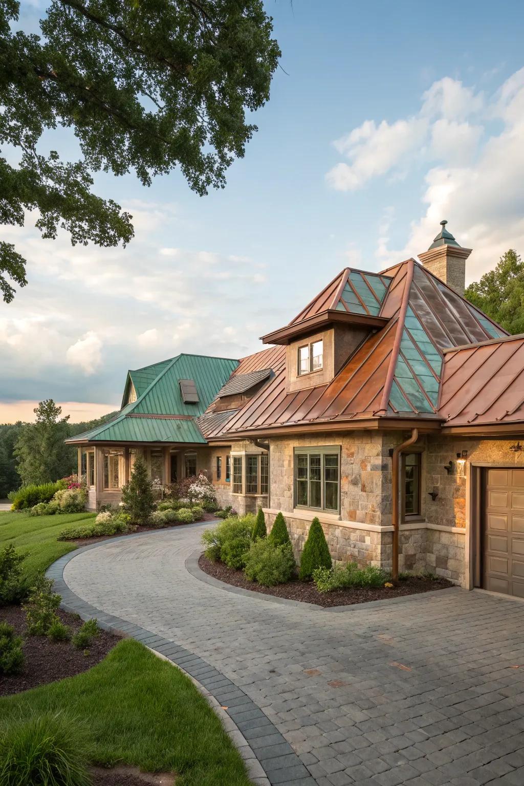 A home with elegant copper roof accents.