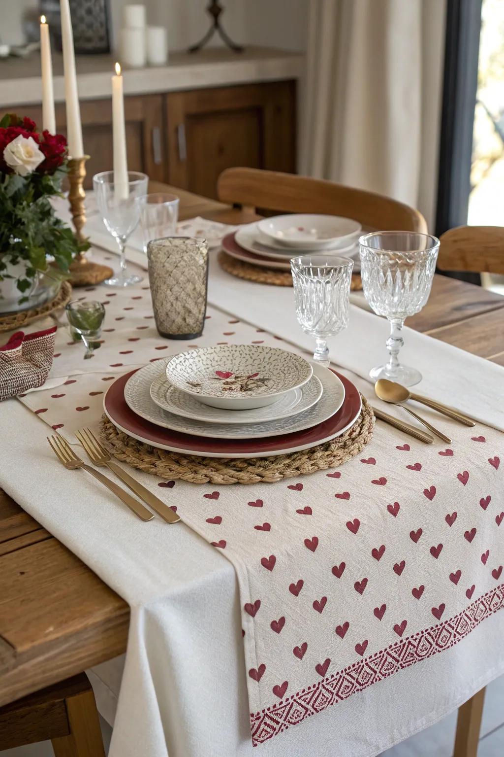 A heart-patterned table runner enhancing the dining table.