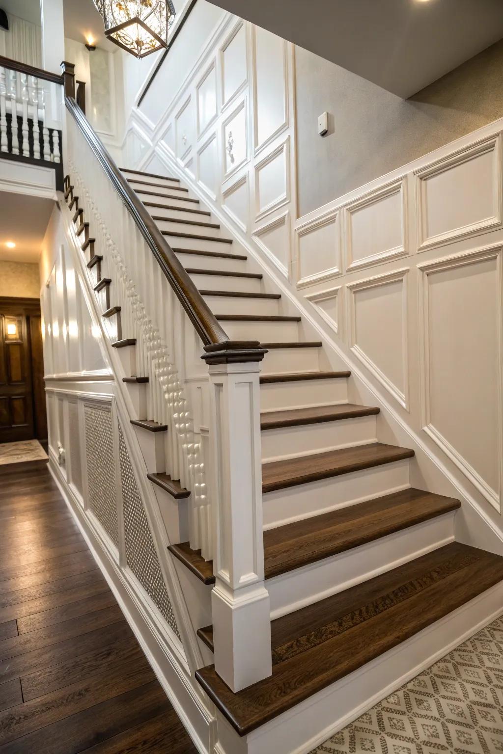 Monochrome wainscoting for a sleek, unified look.