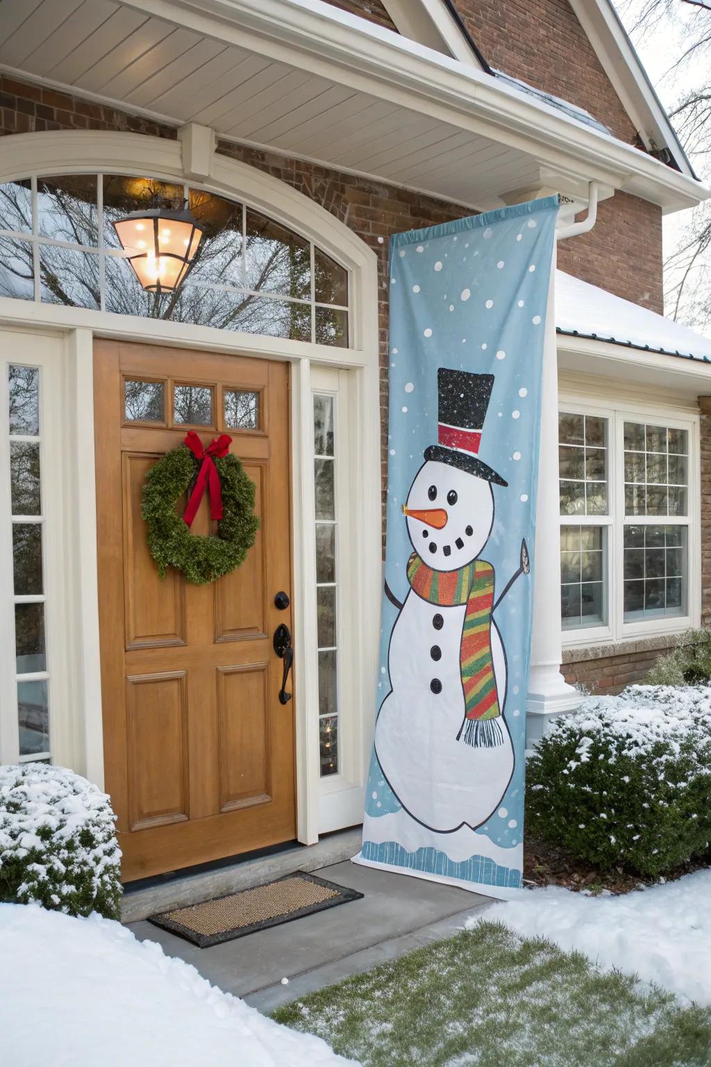 A playful snowman banner on a front door