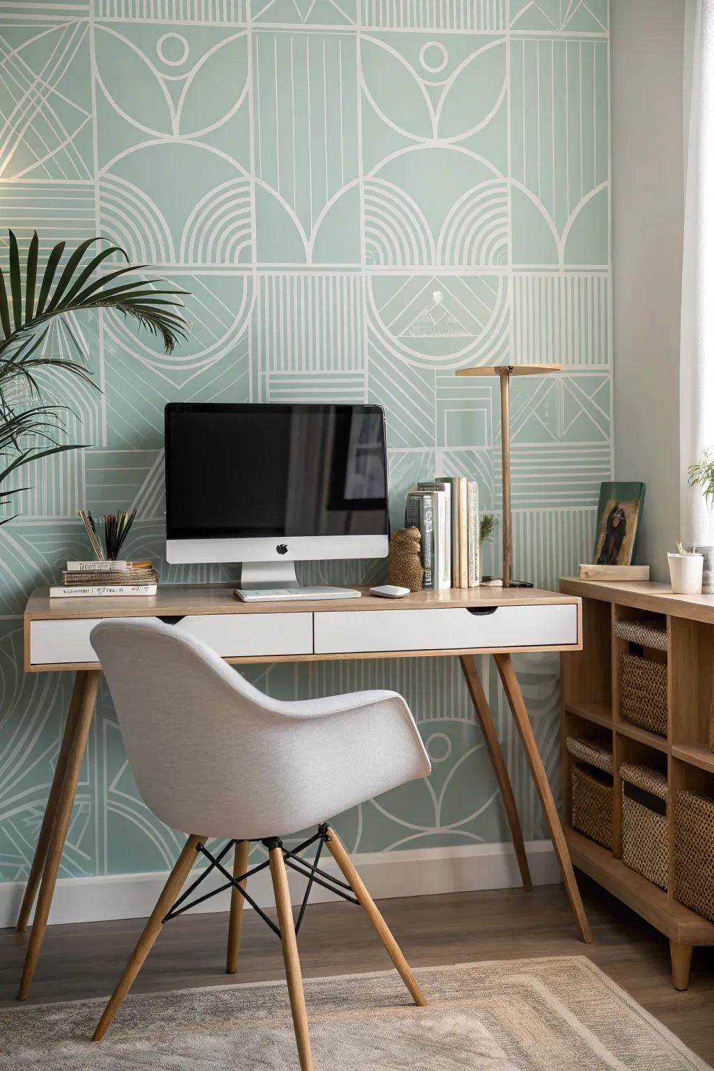 Home office with minimalist abstract wallpaper and sleek furniture.