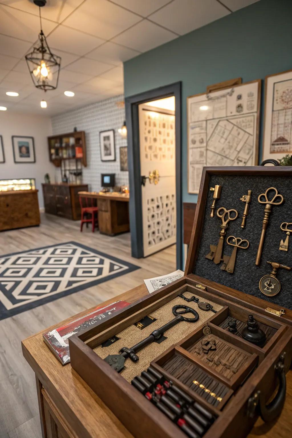 Escape room elements add mystery and excitement to the game room.