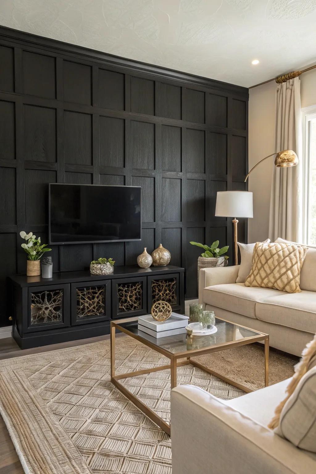 A black wood panel accent wall creates a dramatic and sophisticated living room.