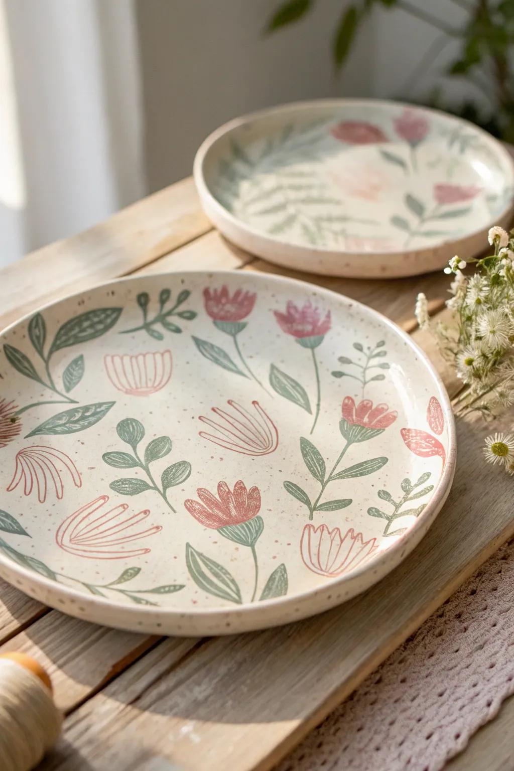 Capture the beauty of nature with a personal touch: Floral Handprint Plate in pastel hues.