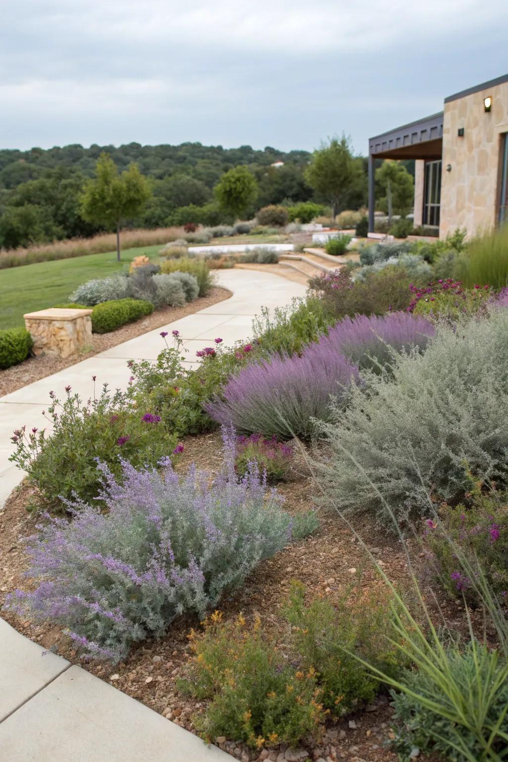 Sustainable landscaping with water-wise Texas sage.