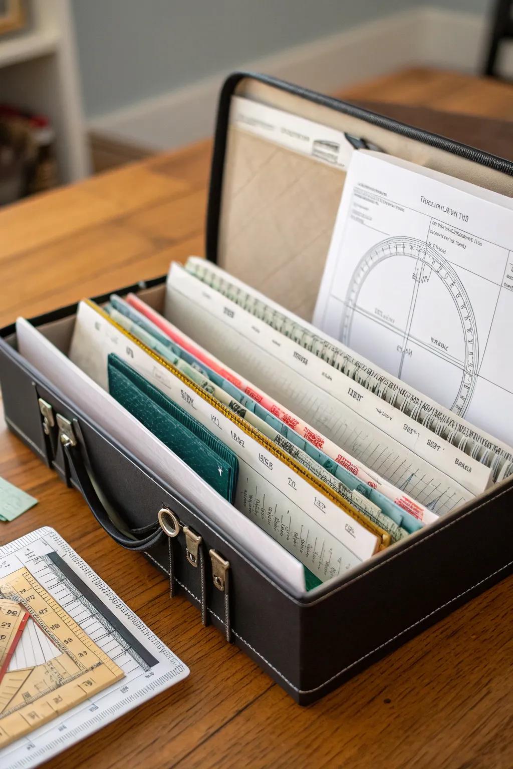 File folder organizer neatly storing sewing templates and rulers.