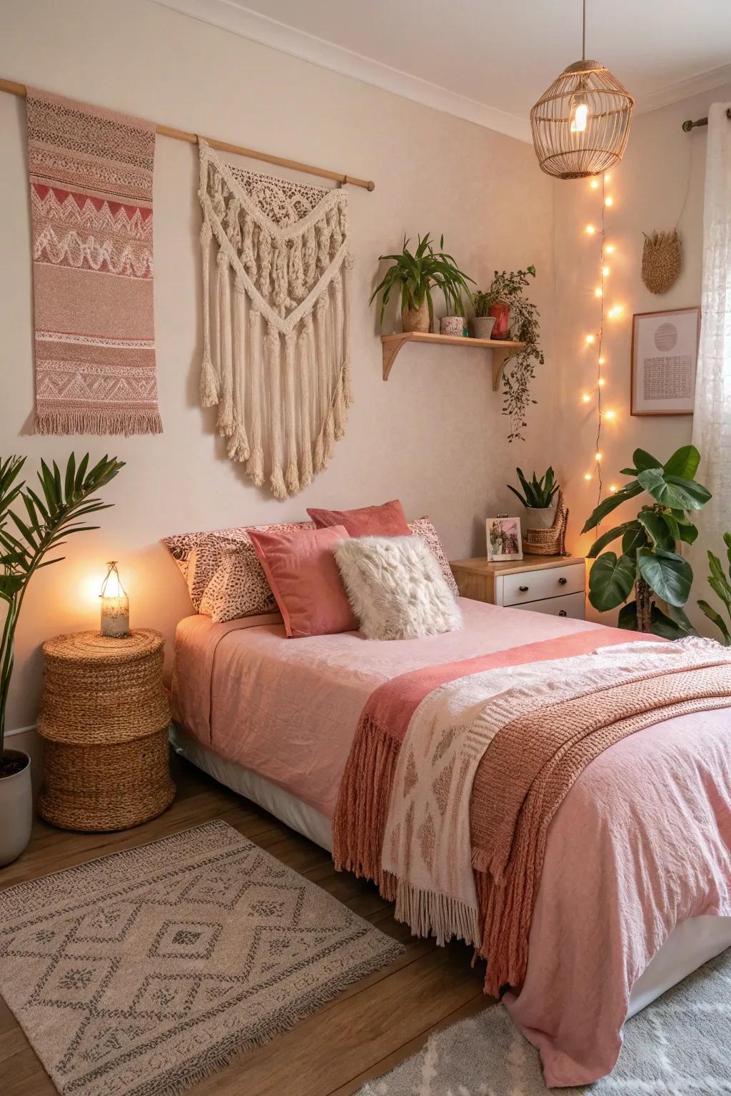 Earthy tones with coral accents add warmth and tranquility.