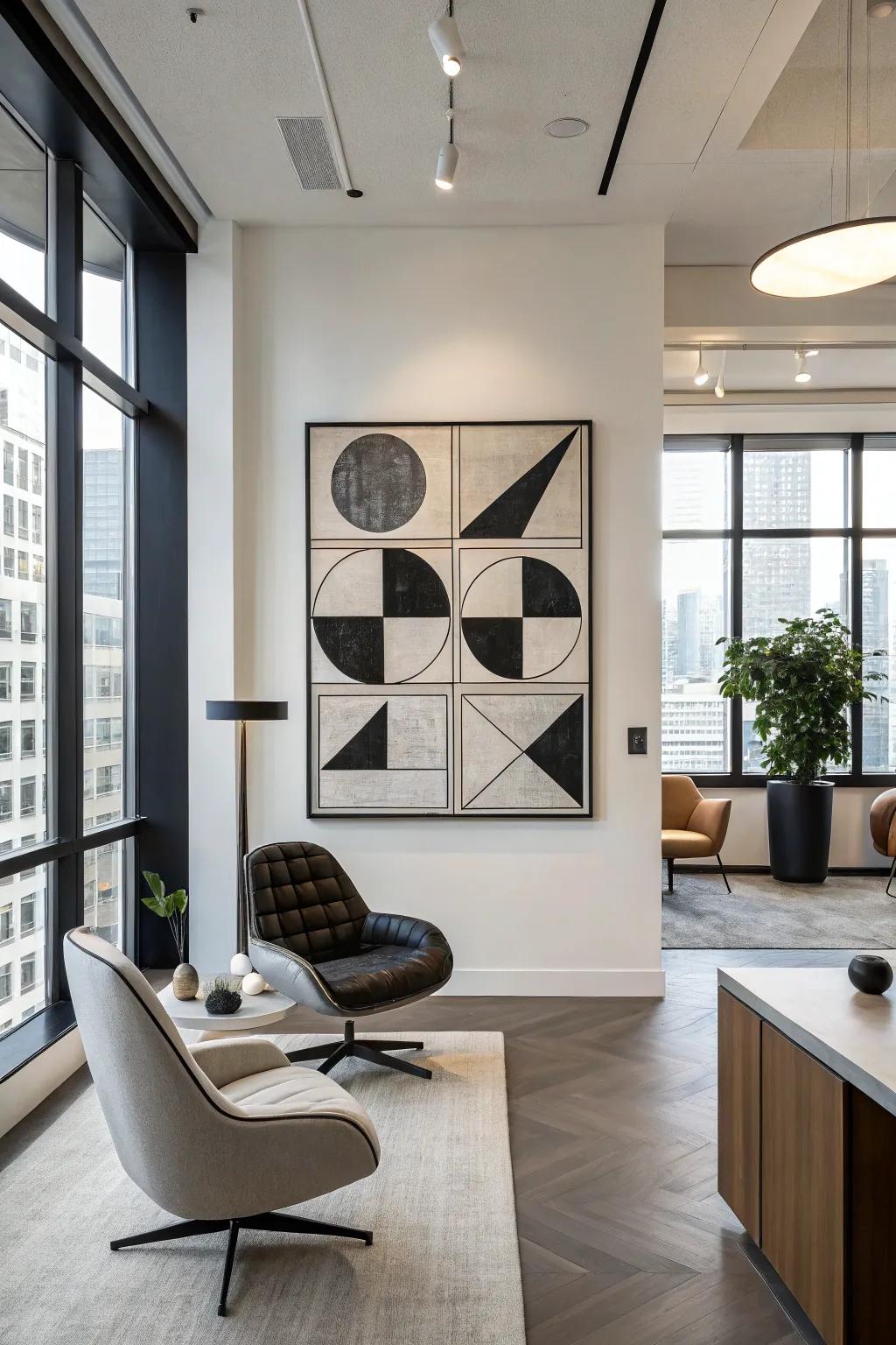 A minimalistic black and white painting with striking geometric forms.