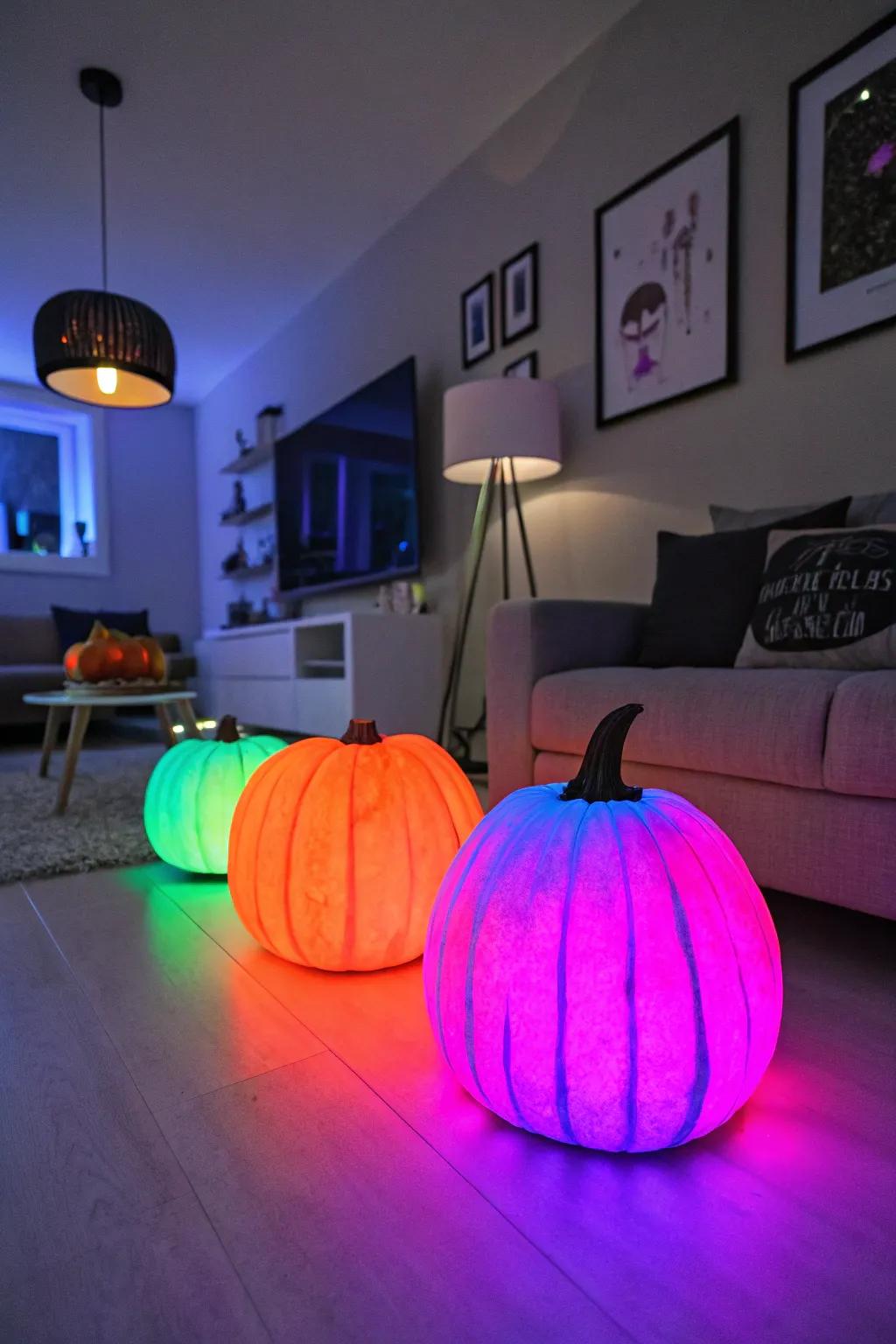 Neon-painted pumpkins offering a vibrant and modern twist to Halloween dÃ©cor.