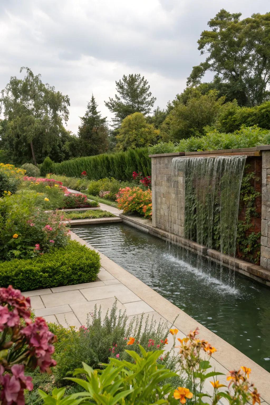Water walls with greenery offer a striking vertical garden feature.