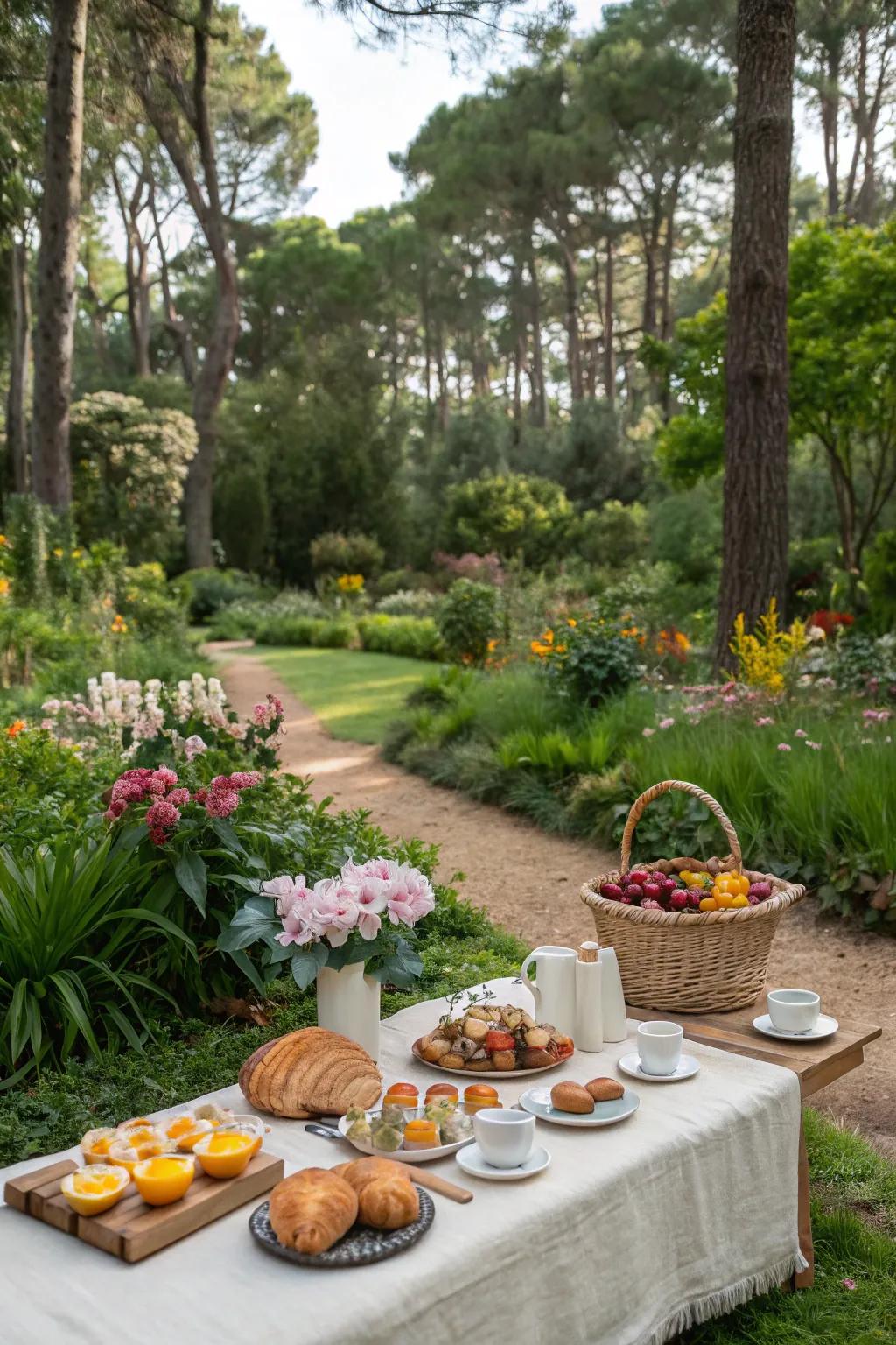 A picturesque brunch picnic in a botanical garden.