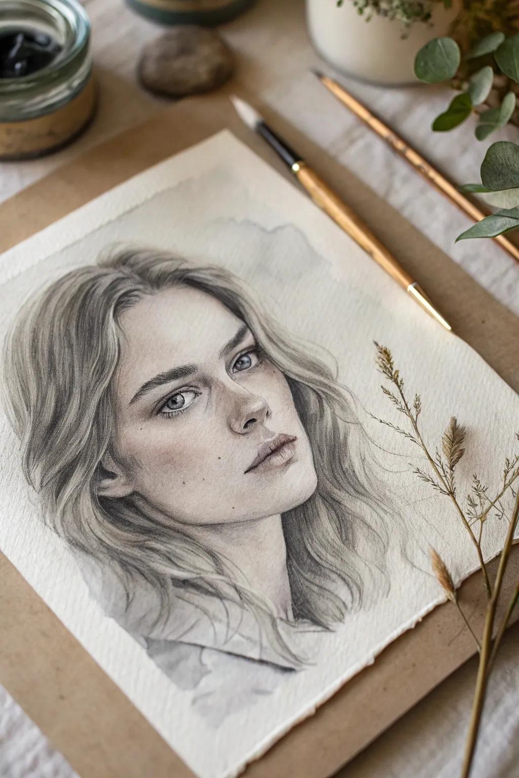 Embrace the elegance of grayscale in watercolor for a timeless portrait.