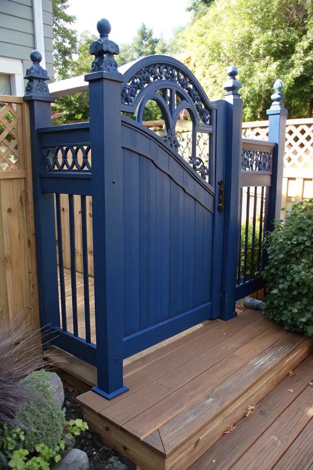 Make a bold statement with a striking blue deck gate that showcases masterful craftsmanship and style.