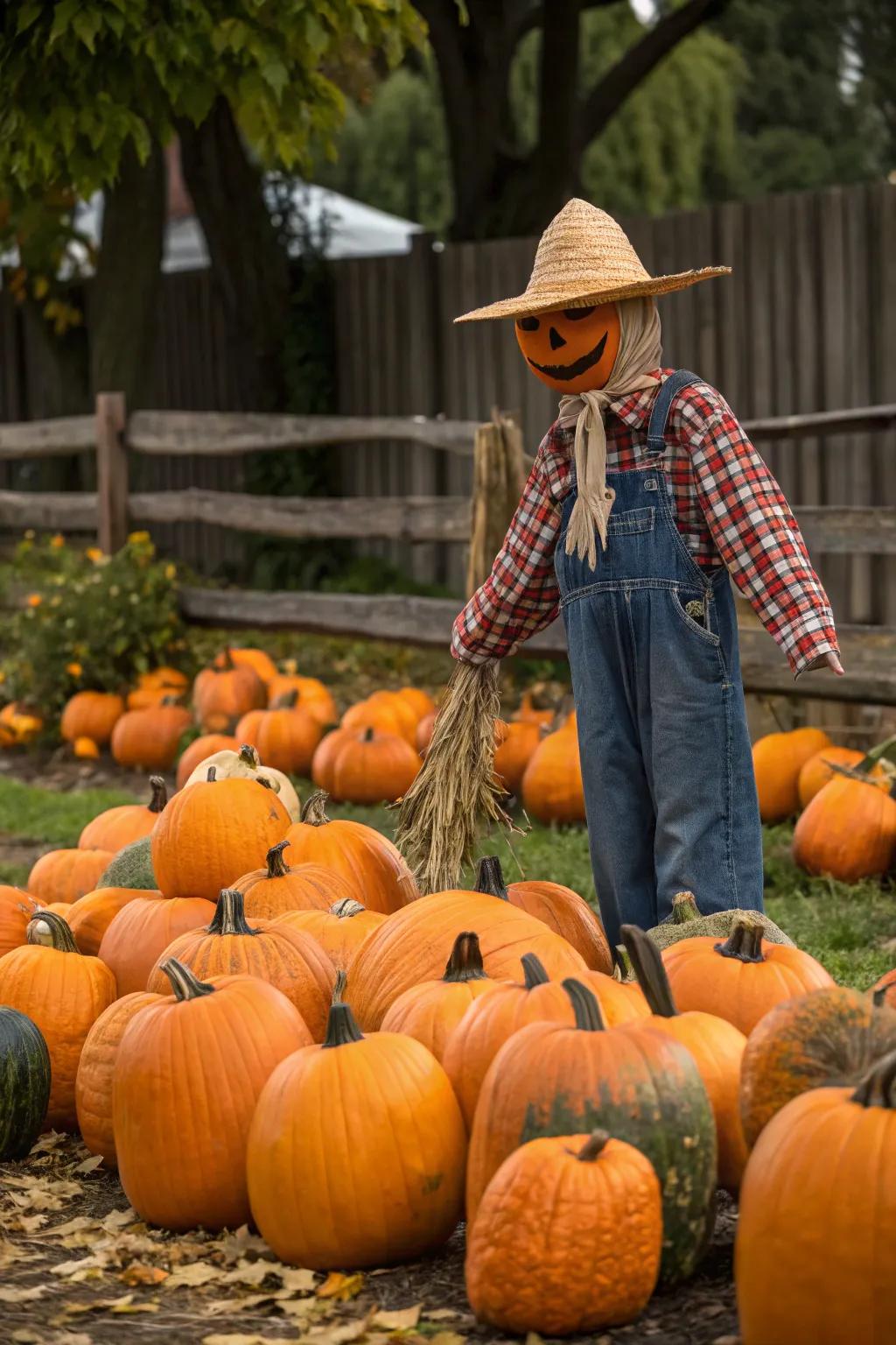 A whimsical scarecrow with a pumpkin head brings charm to any garden.