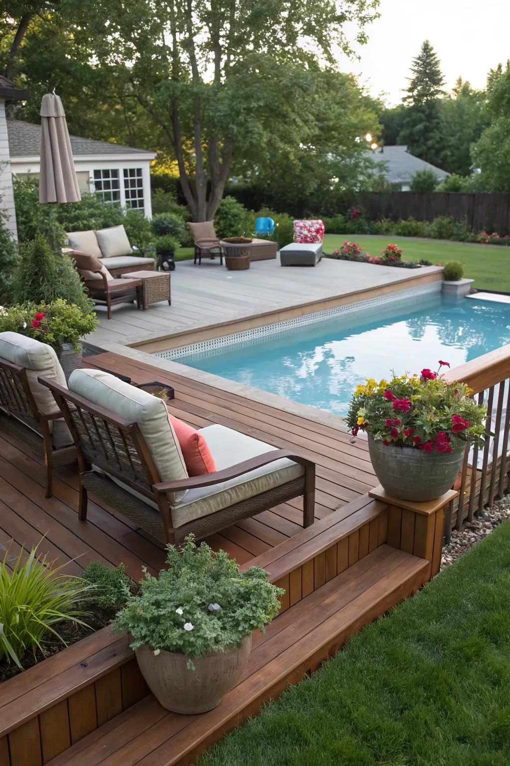 Wooden decks bring warmth and coziness to this inviting pool area.