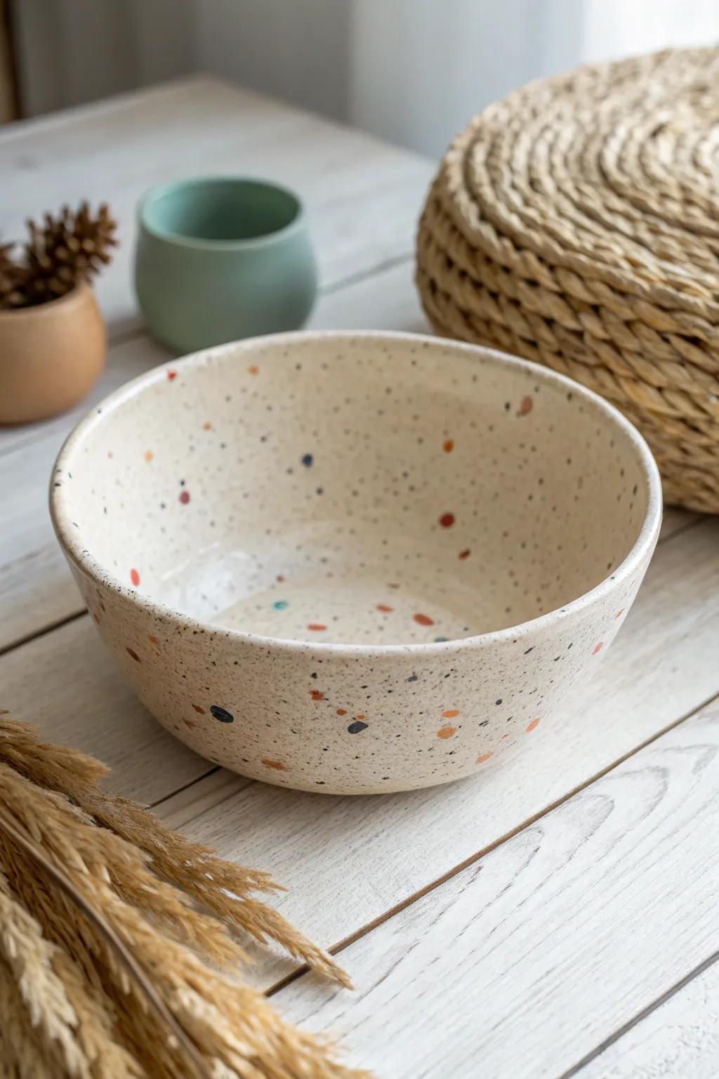 Embrace the beauty of simplicity with a speckled clay bowl, where modern playfulness meets timeless craftsmanship.