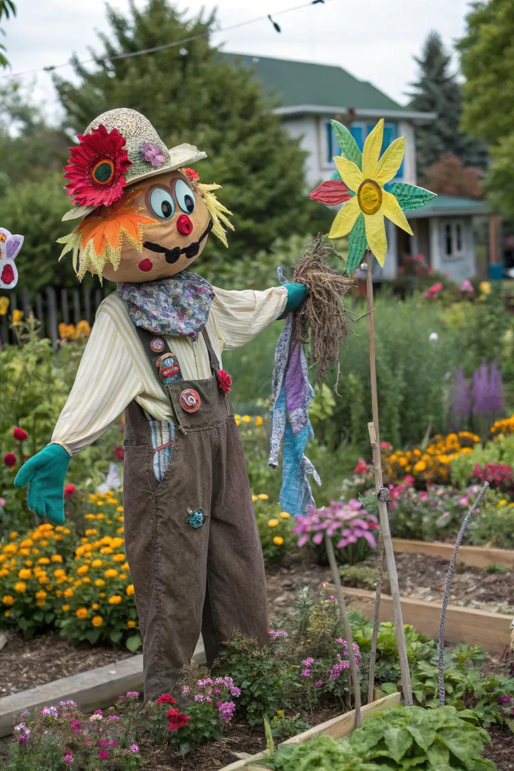 A paper mÃ¢chÃ© head adds vibrant creativity to your scarecrow.