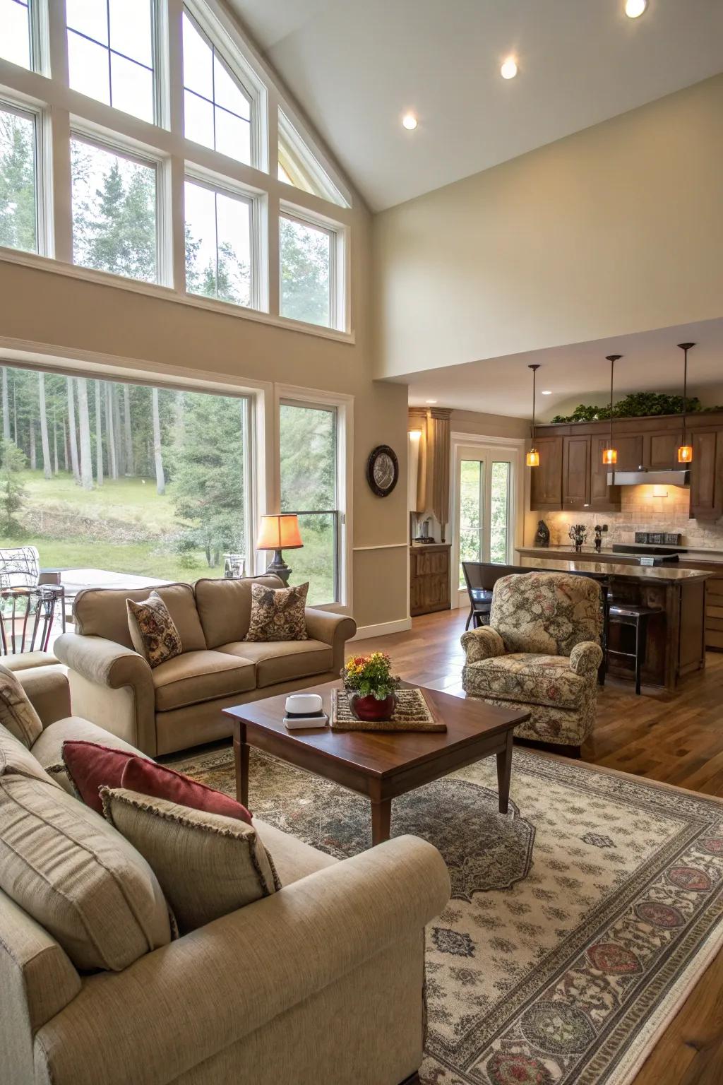 A living room with an open layout connected to the kitchen.
