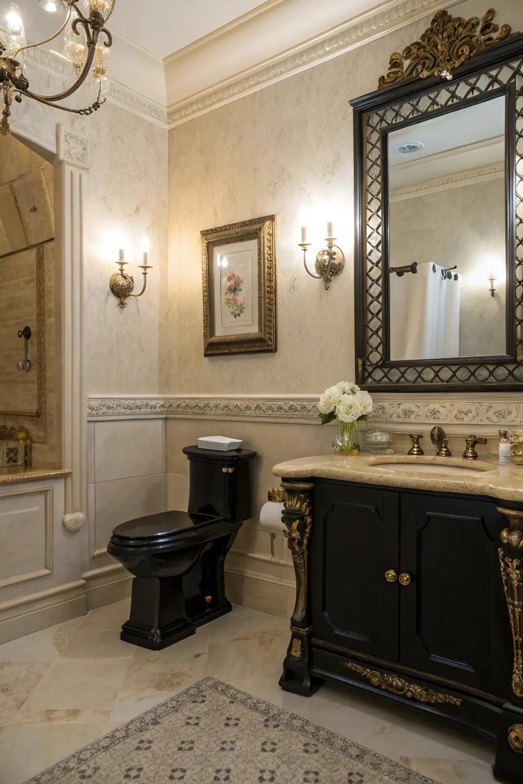 Vintage details complement the timeless elegance of a black toilet.