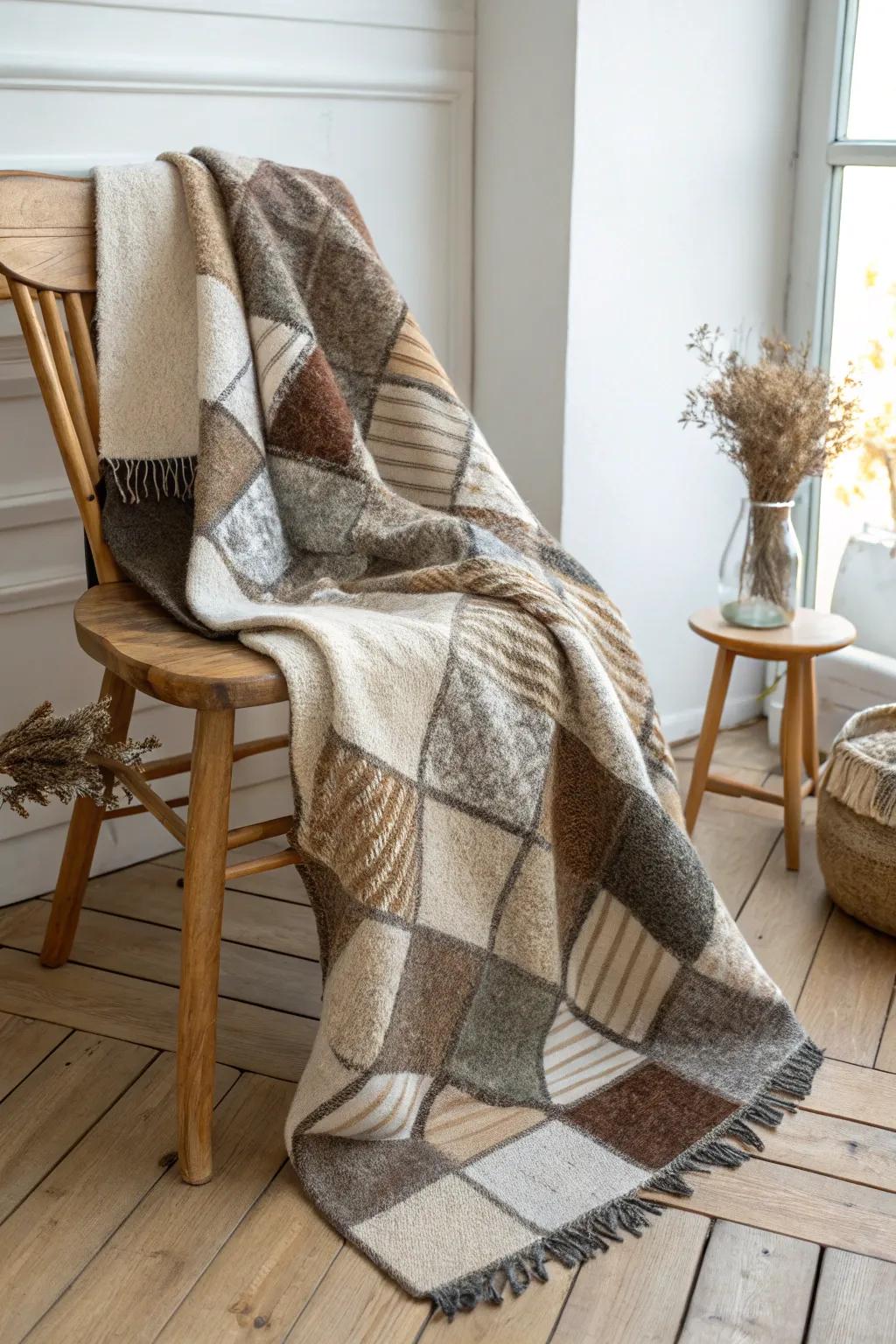 Wrap yourself in warmth and style with this charming patchwork wool scarf blanket.