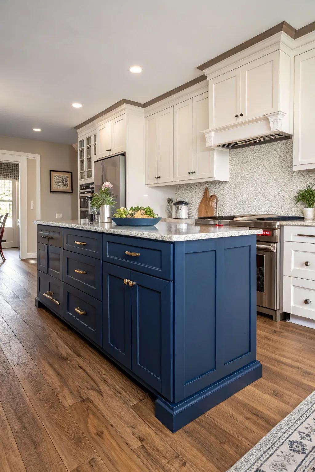 Navy blue island cabinets add a bold touch to your kitchen.
