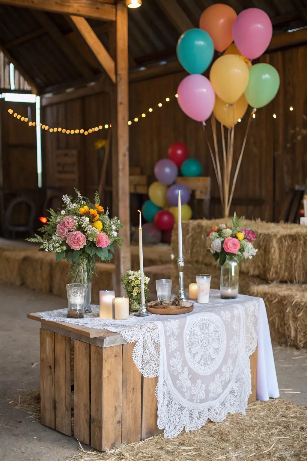 Rustic charm with a balloon and candle combo.