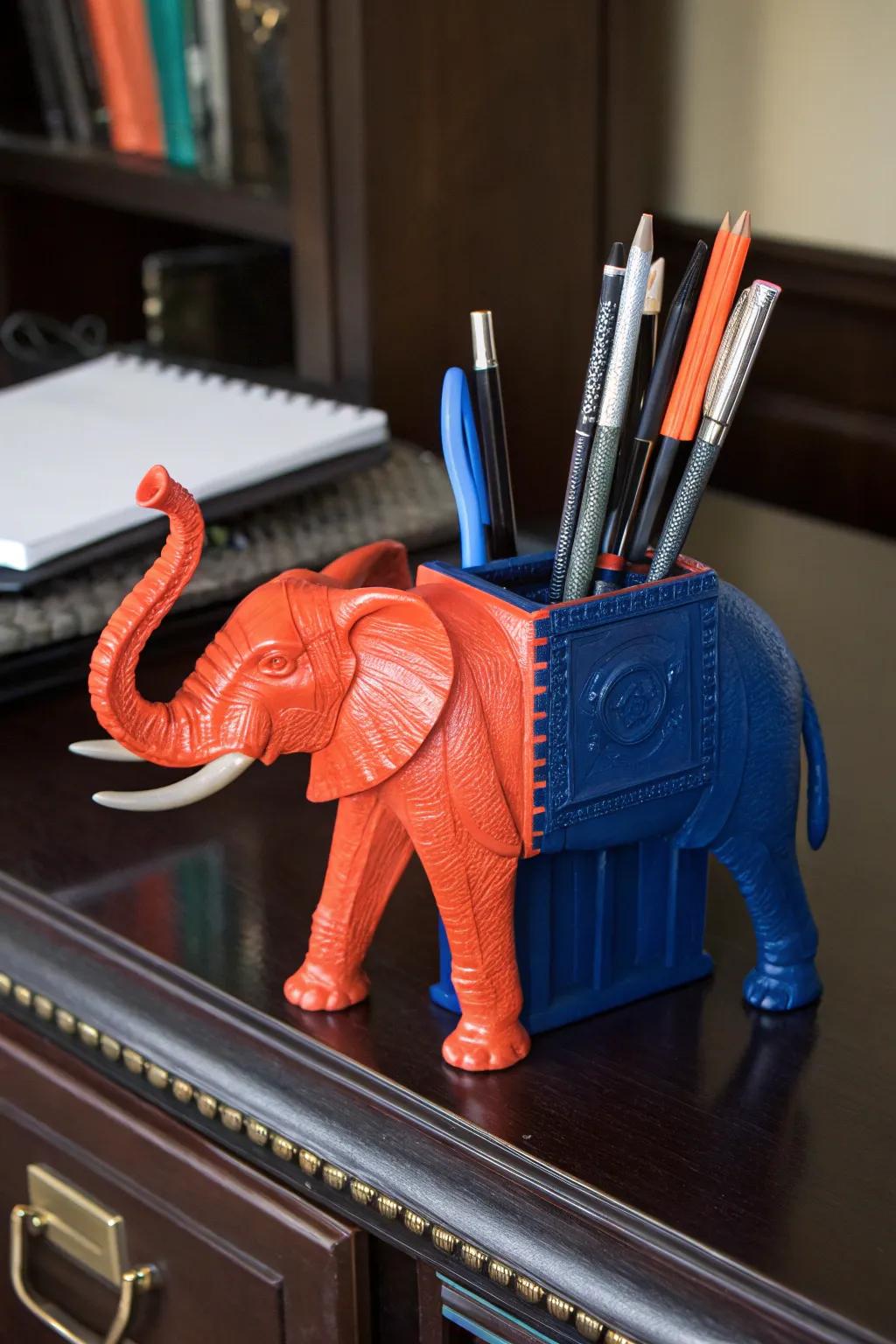 Add personality to your workspace with a quirky elephant desk organizer. Craftsmanship meets creativity!
