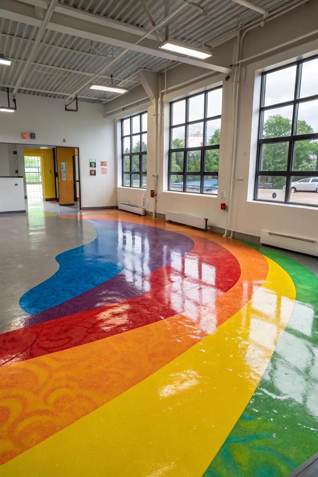 A modern art studio with a vibrant color splash epoxy floor.