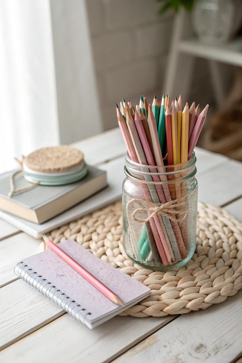 Ignite creativity with this charming art supplies kit, perfectly nestled in a mason jar. Ideal for aspiring artists!