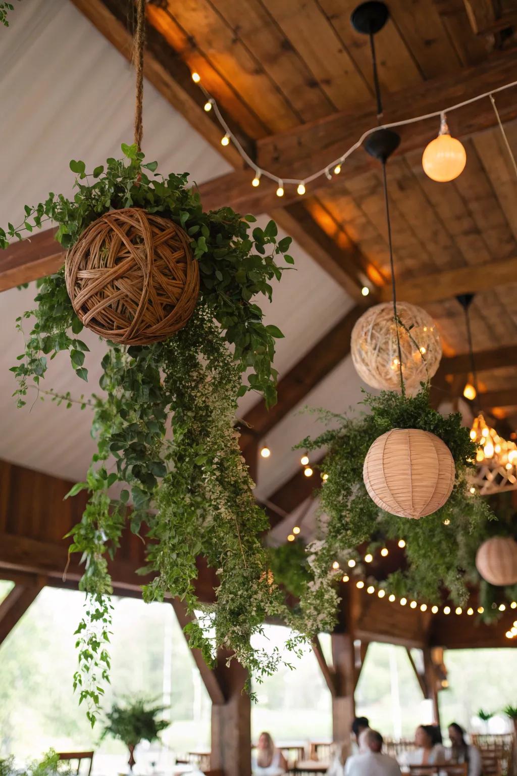 Wooden orbs and greenery add rustic charm to your decor.