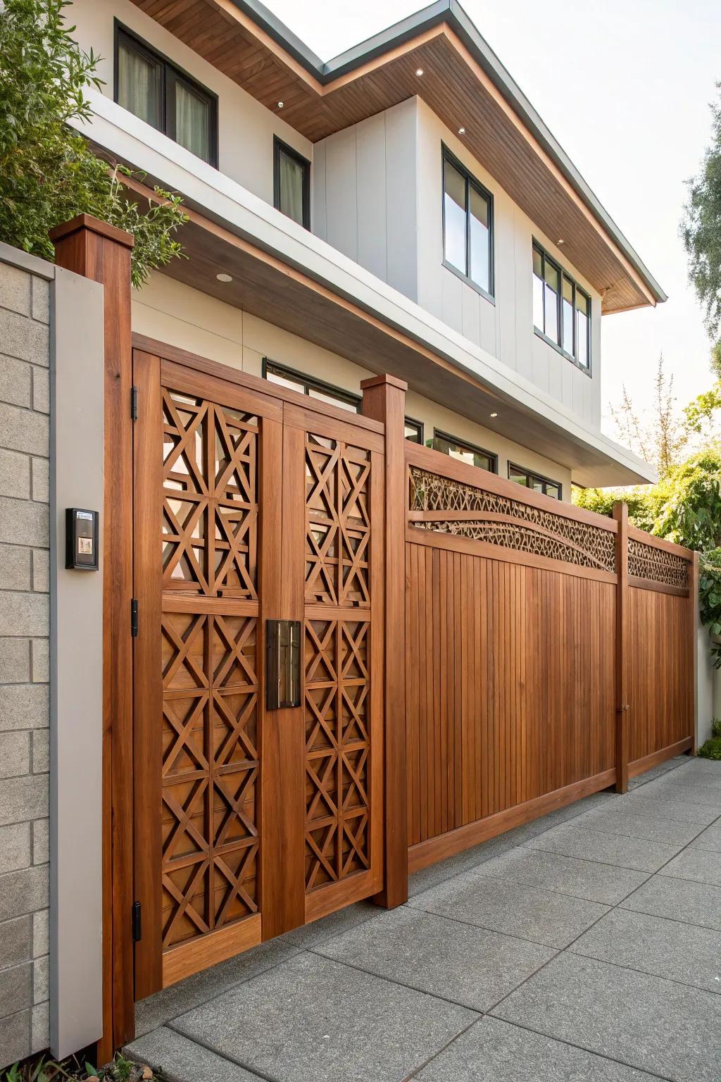 Elevate your homeâs entrance with a cedar gate that merges modern design and natural beauty.