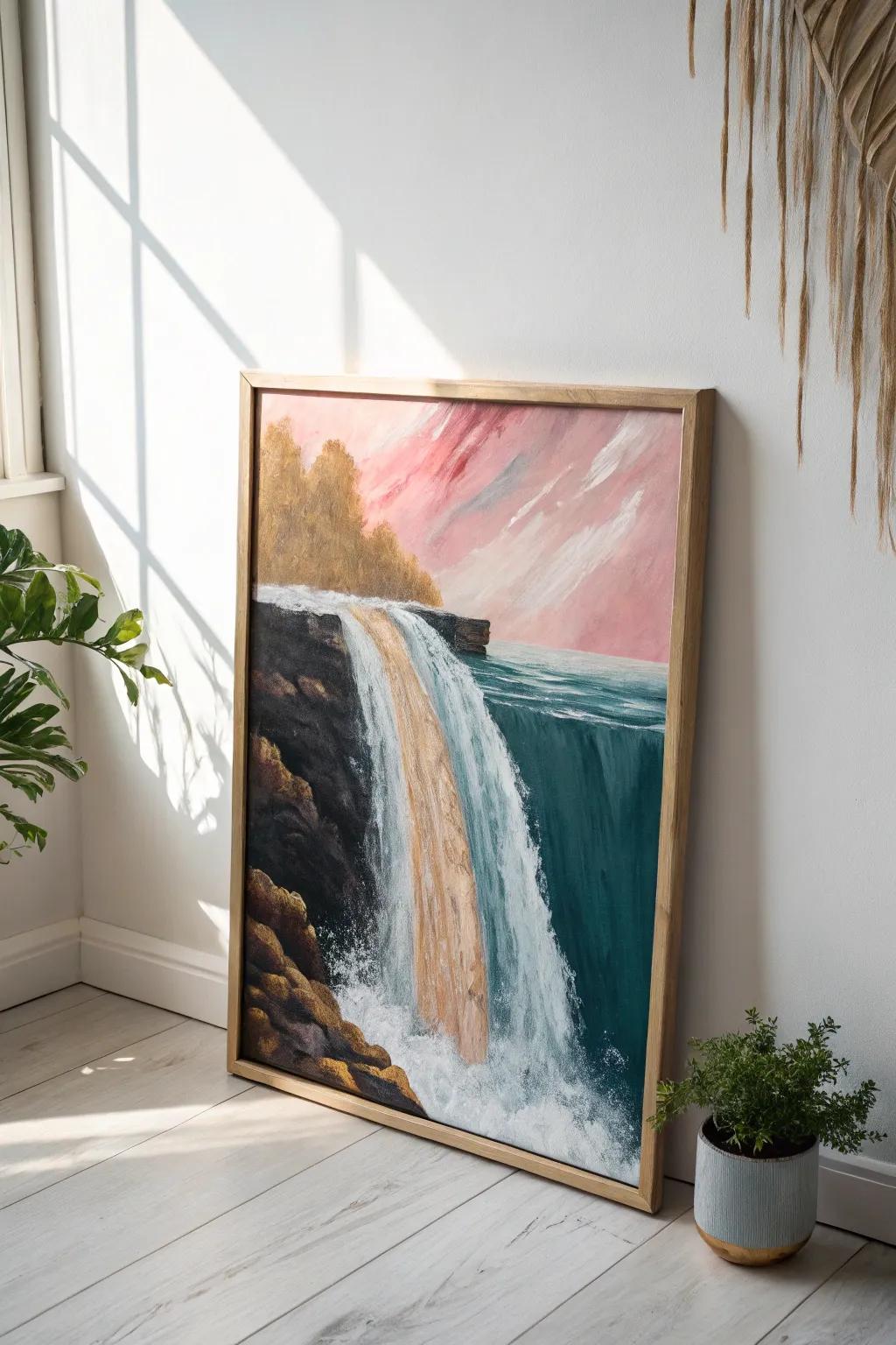 Dive into the serene beauty of abstract waterfalls with unexpected colors. A masterpiece of fluidity and form.