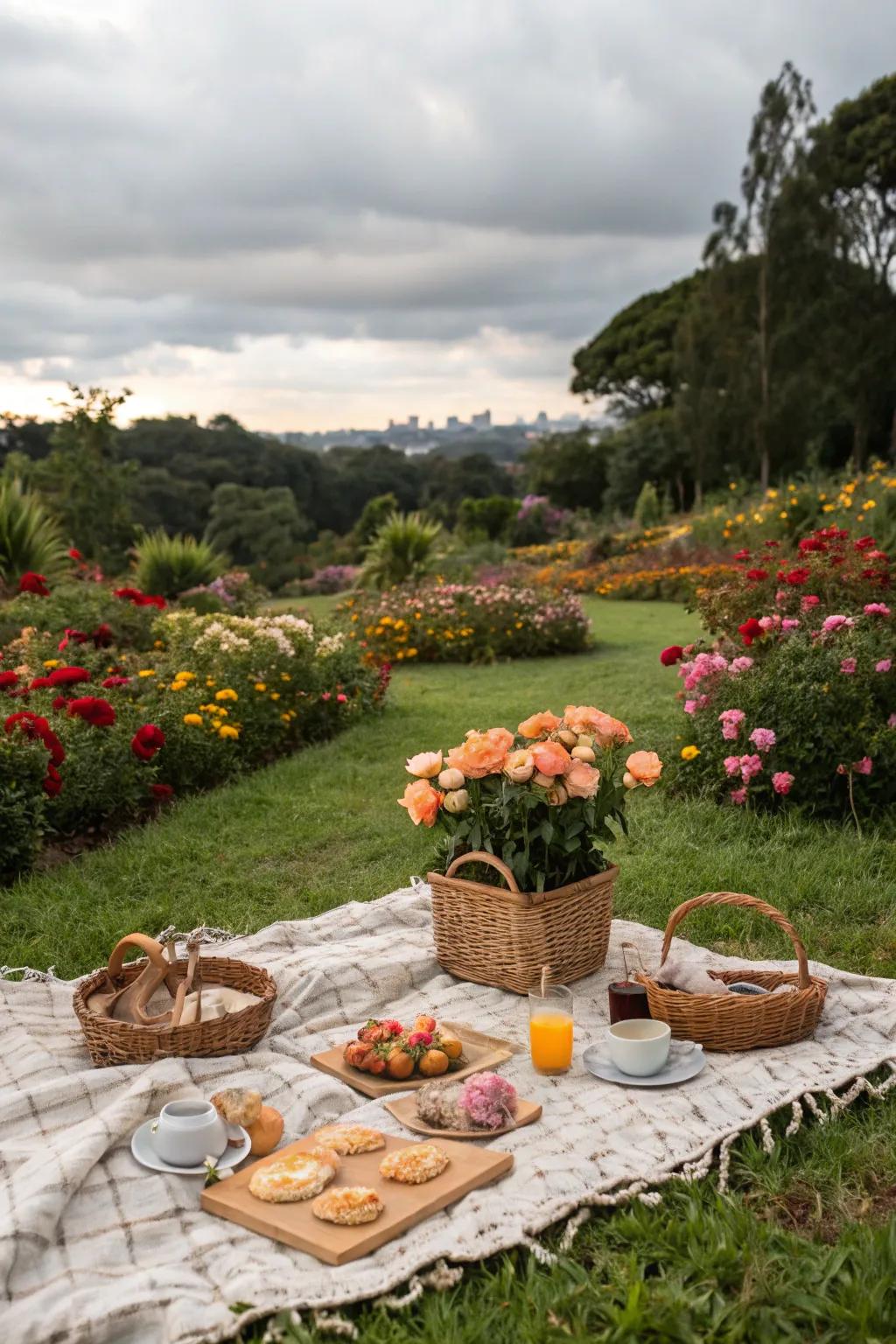 A picturesque picnic in the heart of a botanical garden.