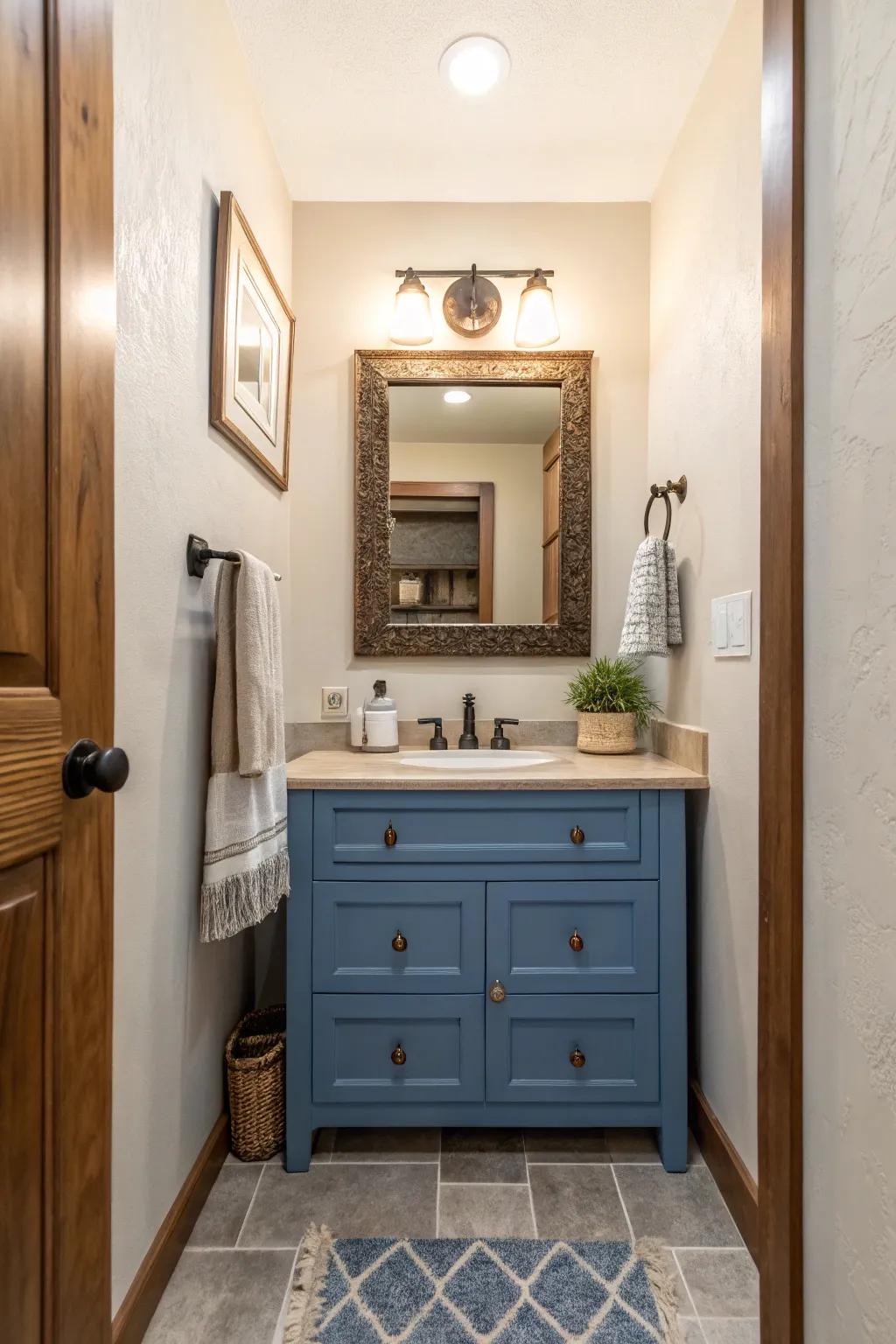 A blue vanity acts as a vibrant focal point in the bathroom.