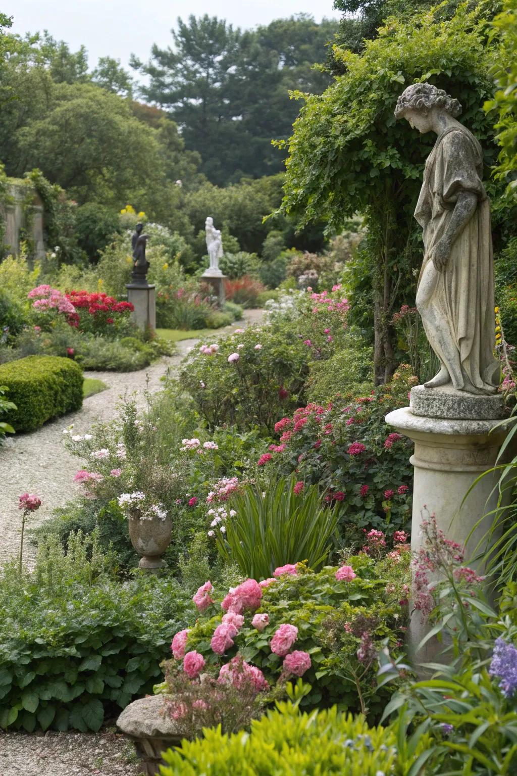 Garden sculptures adding an artistic flair.