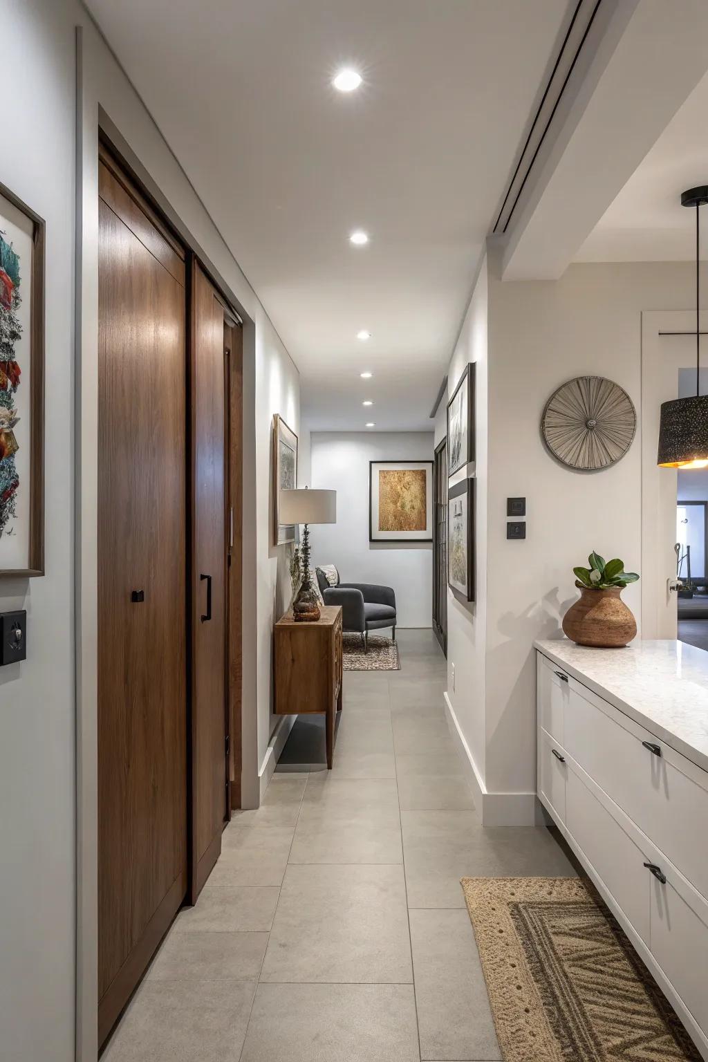 Pocket doors are ideal for saving space in a narrow hallway.