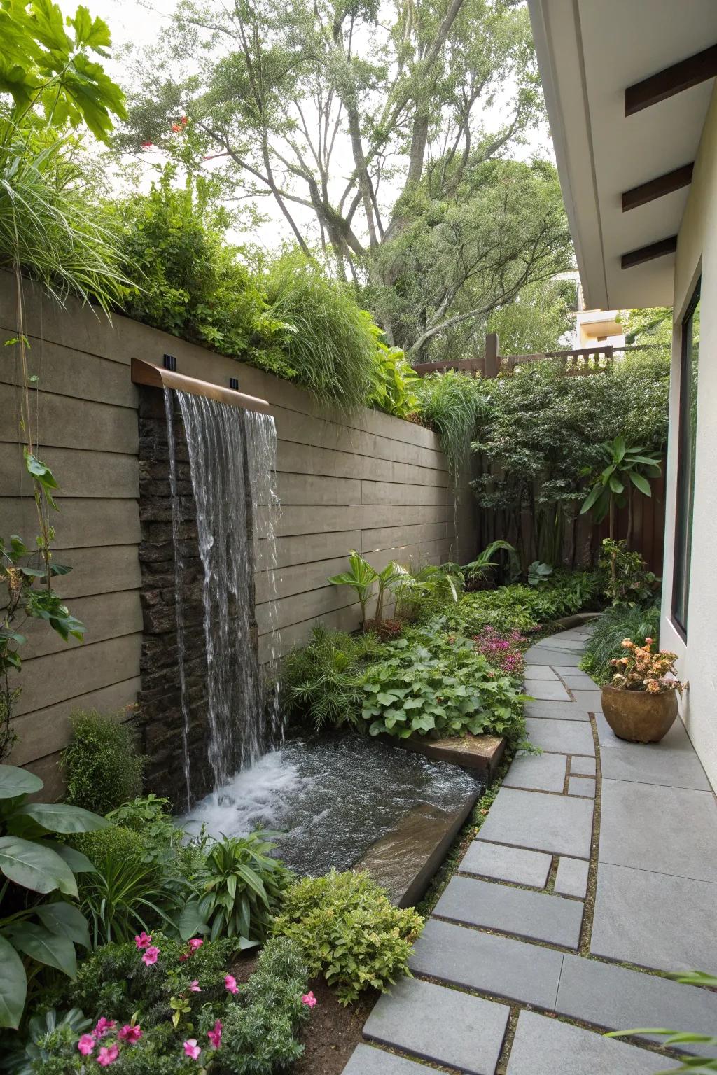 Wall-mounted waterfalls offer a space-saving yet stylish water feature option.