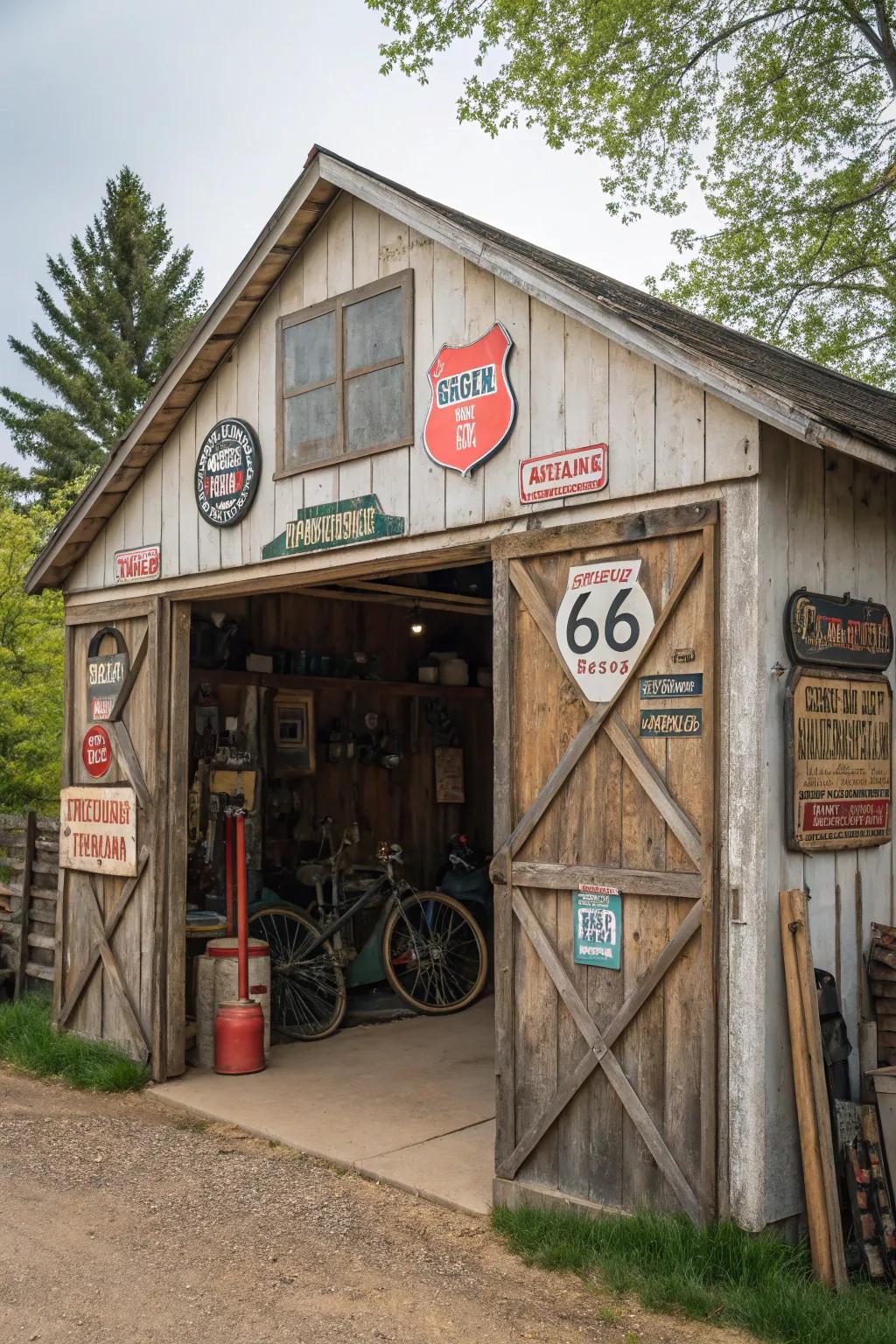 Charming decor elements in a rustic garage setting.