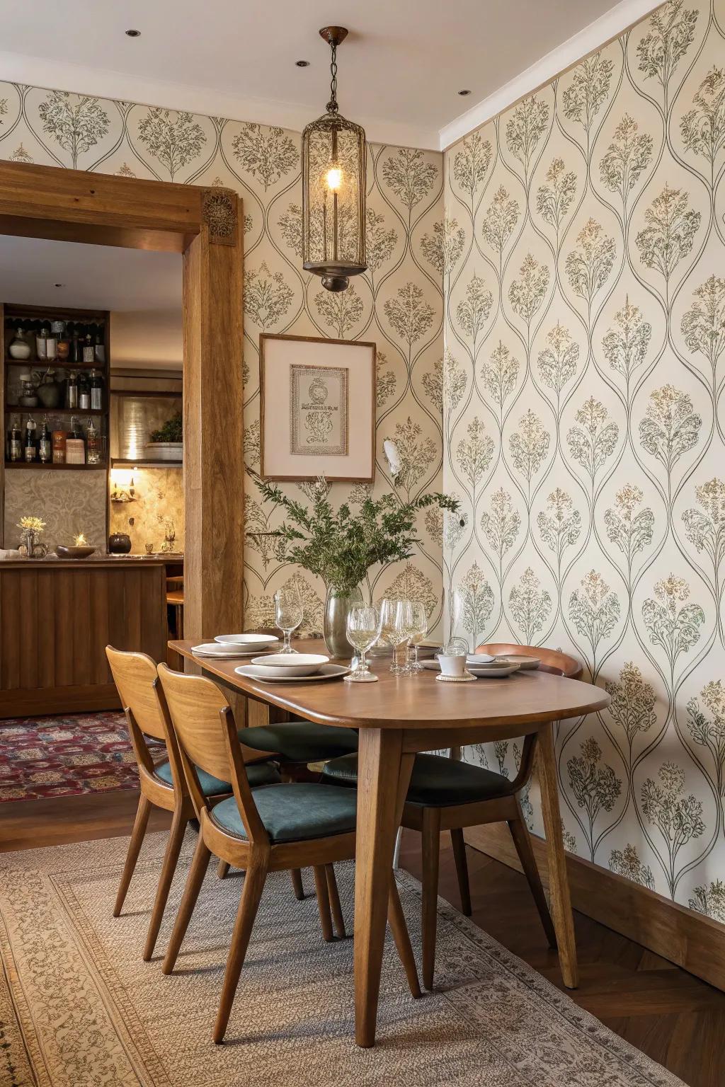 Dining area with vintage-inspired wallpaper and wooden dining set.