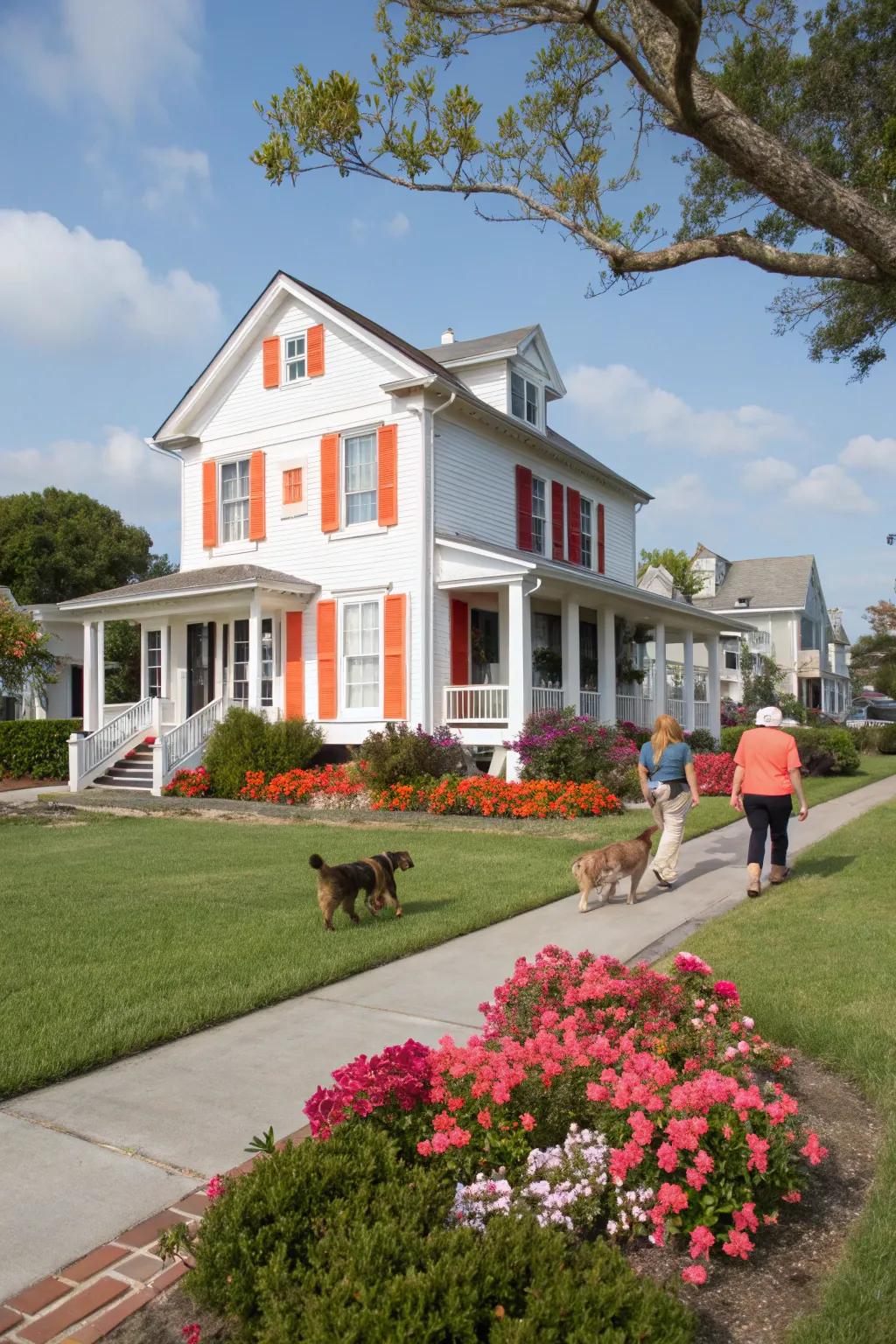 Coral shutters bring a cheerful and vibrant touch to this welcoming home.