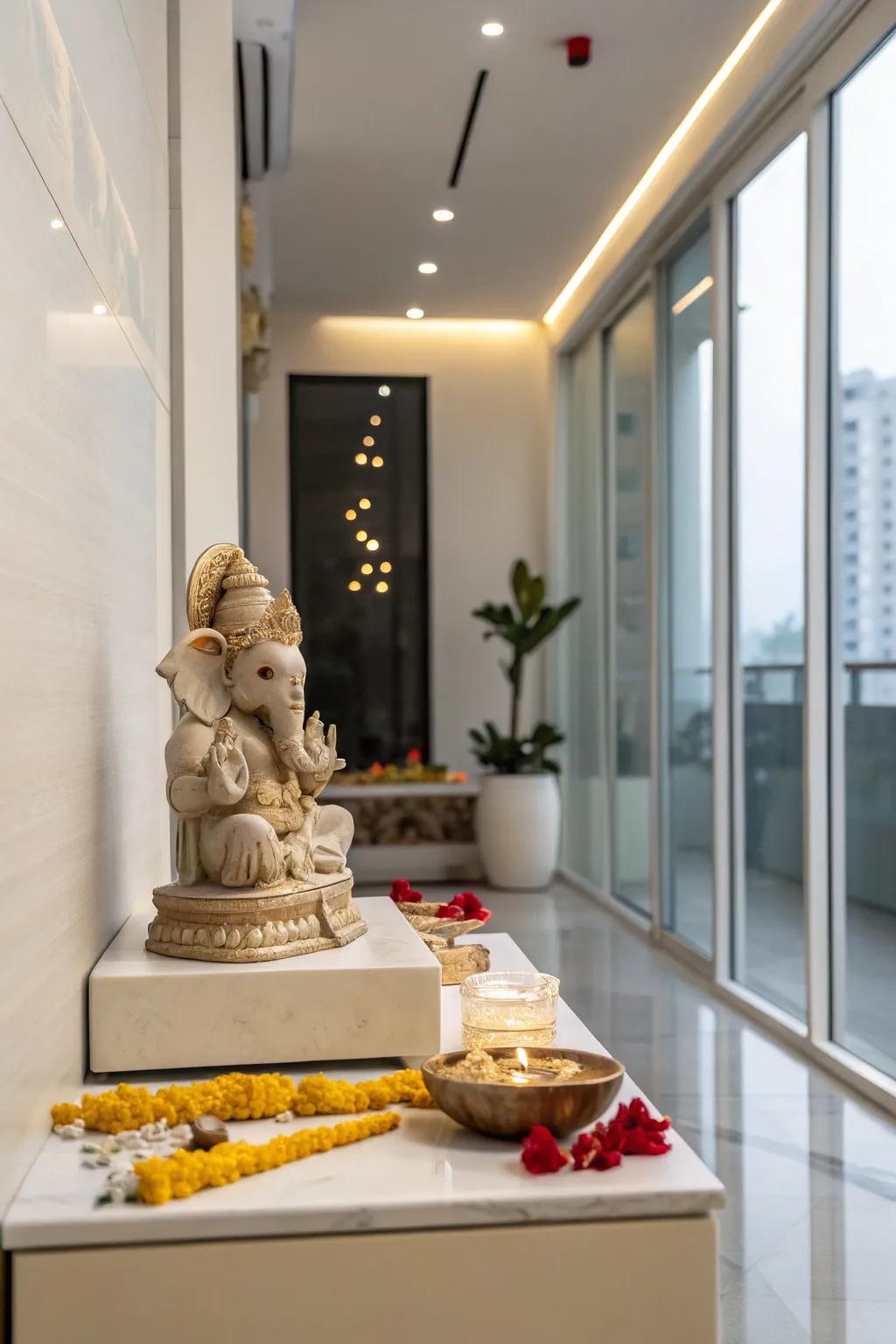 A minimalistic Ganpati setup with elegant simplicity and a single color palette.