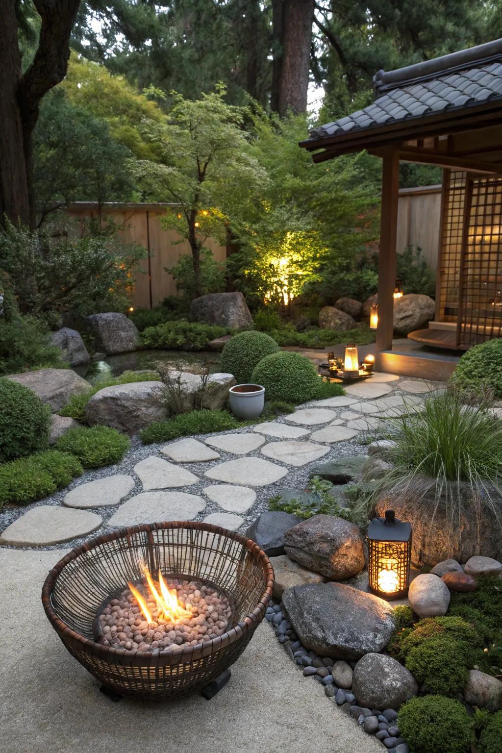 A serene Zen retreat with a fire pit basket, ideal for meditation.