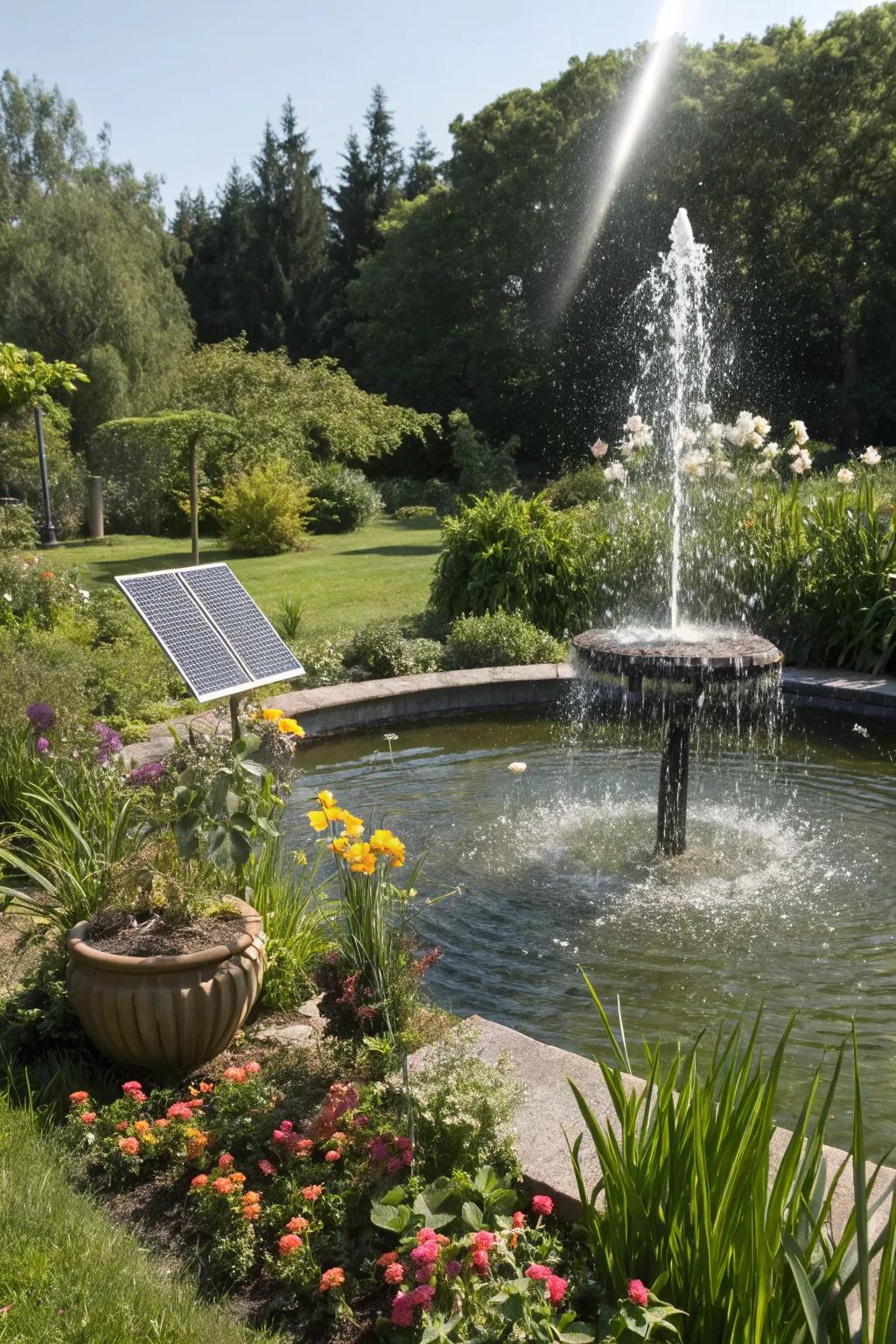 Solar-powered fountains offer eco-friendly elegance to your garden.