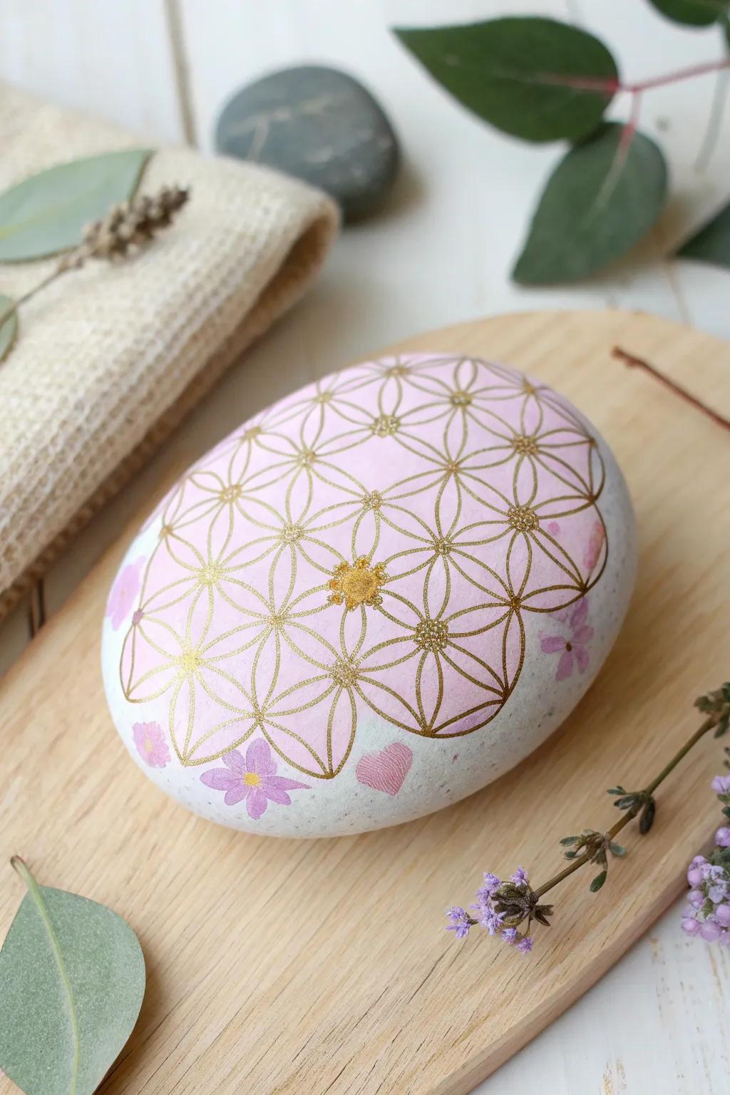 Embrace the beauty of modern artistry with geometric flower fusion rock art.