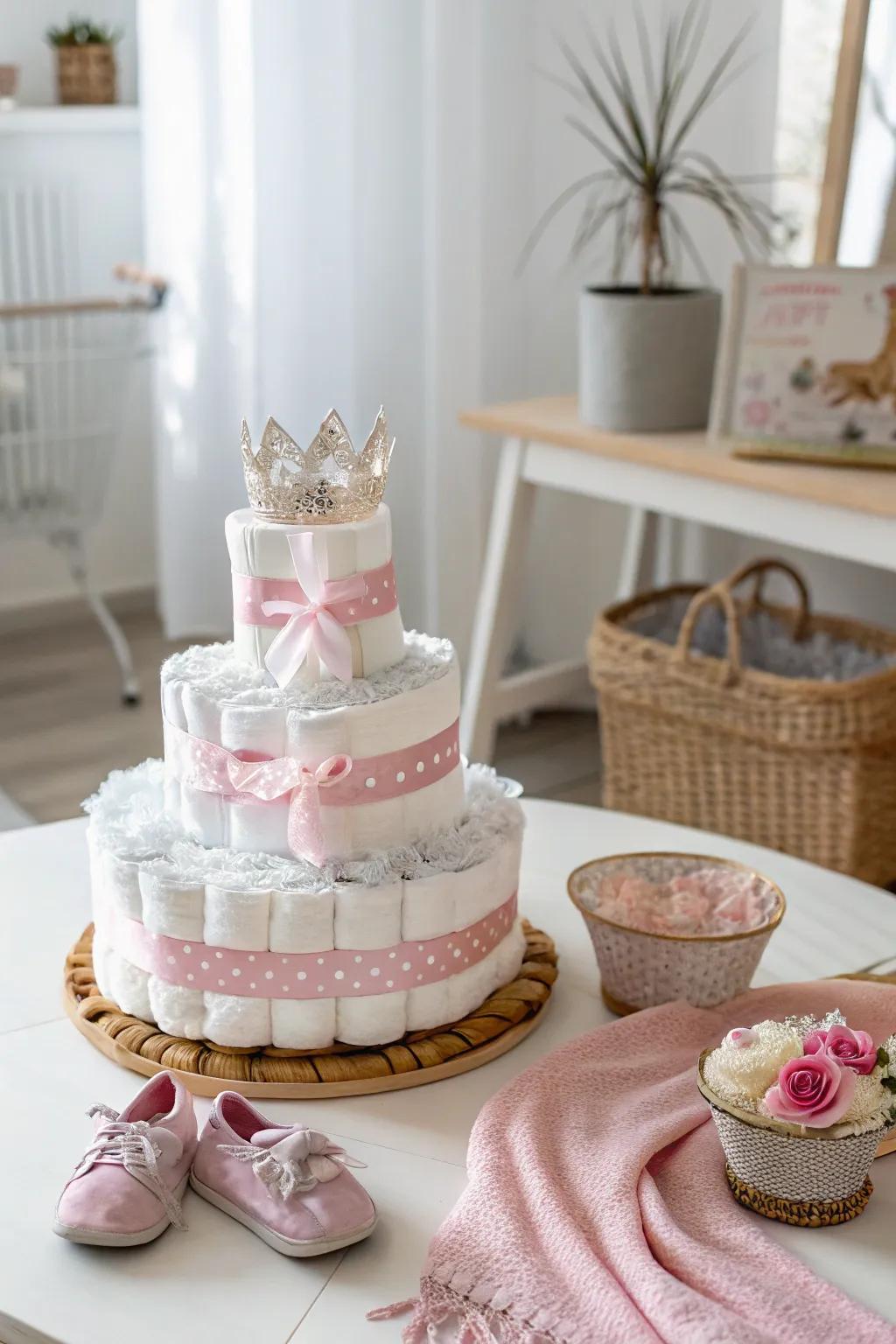 Enchanting elegance: a princess diaper cake crowned with magical glass slippersâa timeless fairy tale touch.