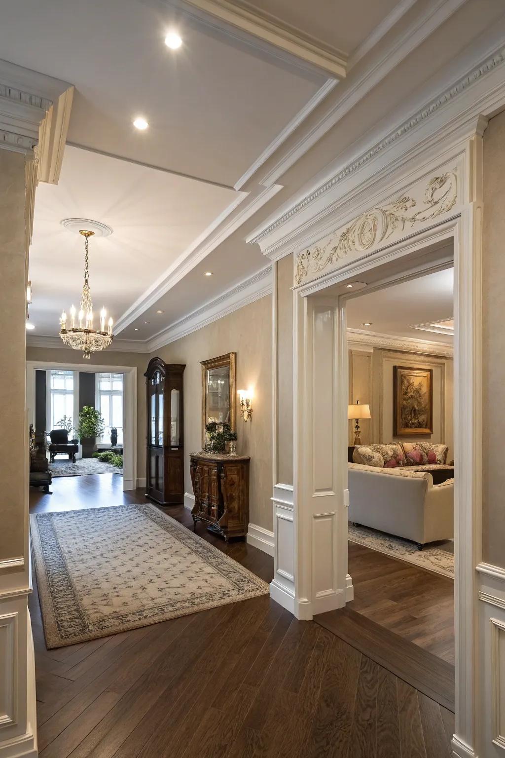 Crown molding in transitional spaces creates seamless continuity.