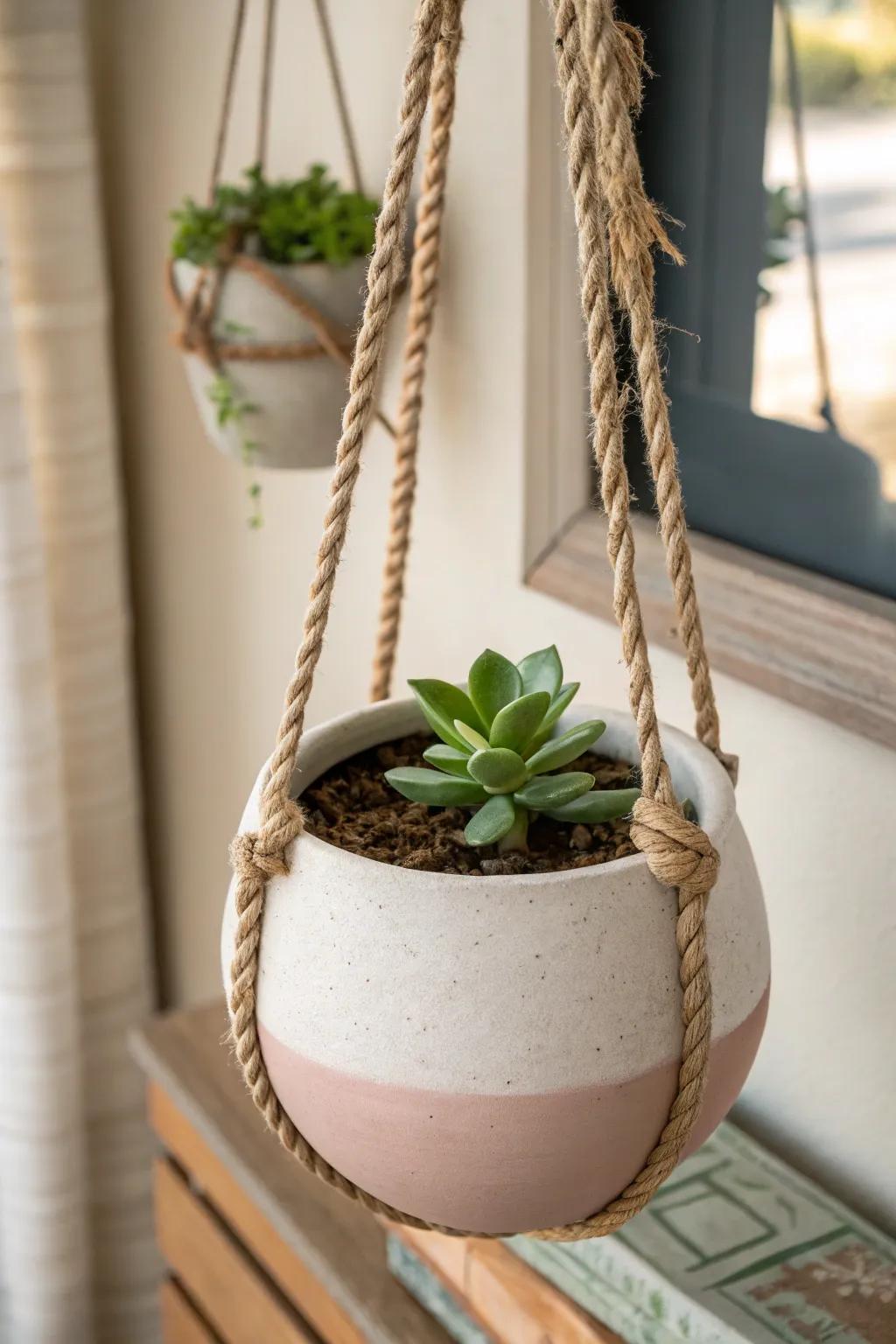 Elevate your greenery with minimalist hanging clay pots that bring nature's elegance to any space.