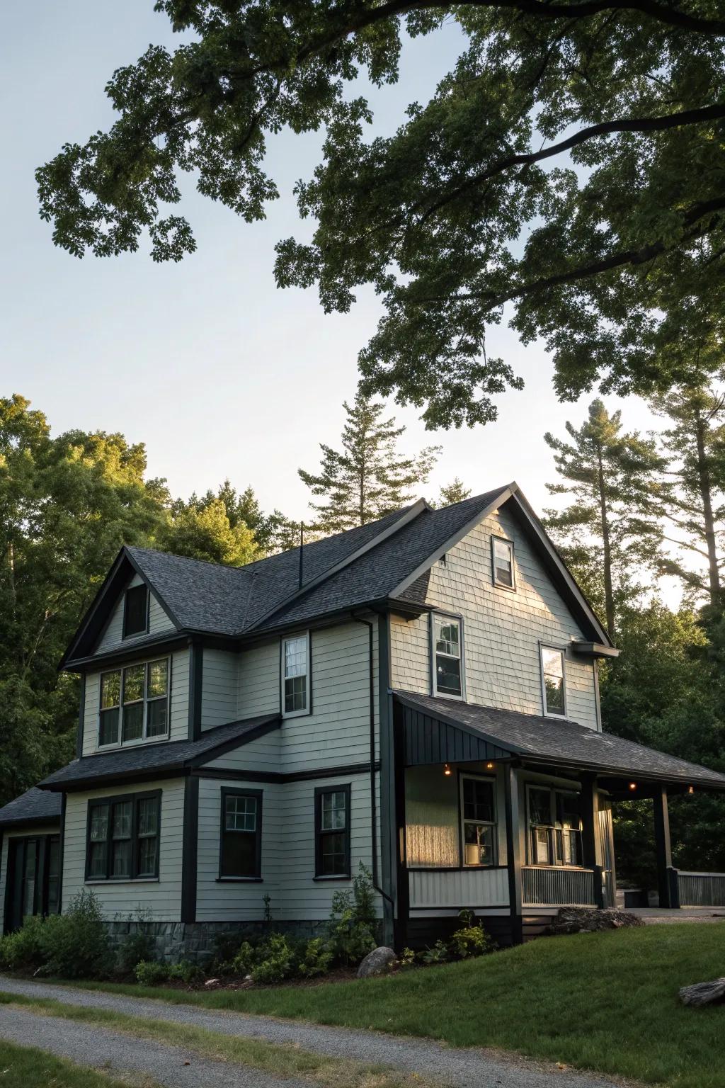 A house with an ombrÃ©-inspired grey exterior, highlighted by black trim, nestled among trees.