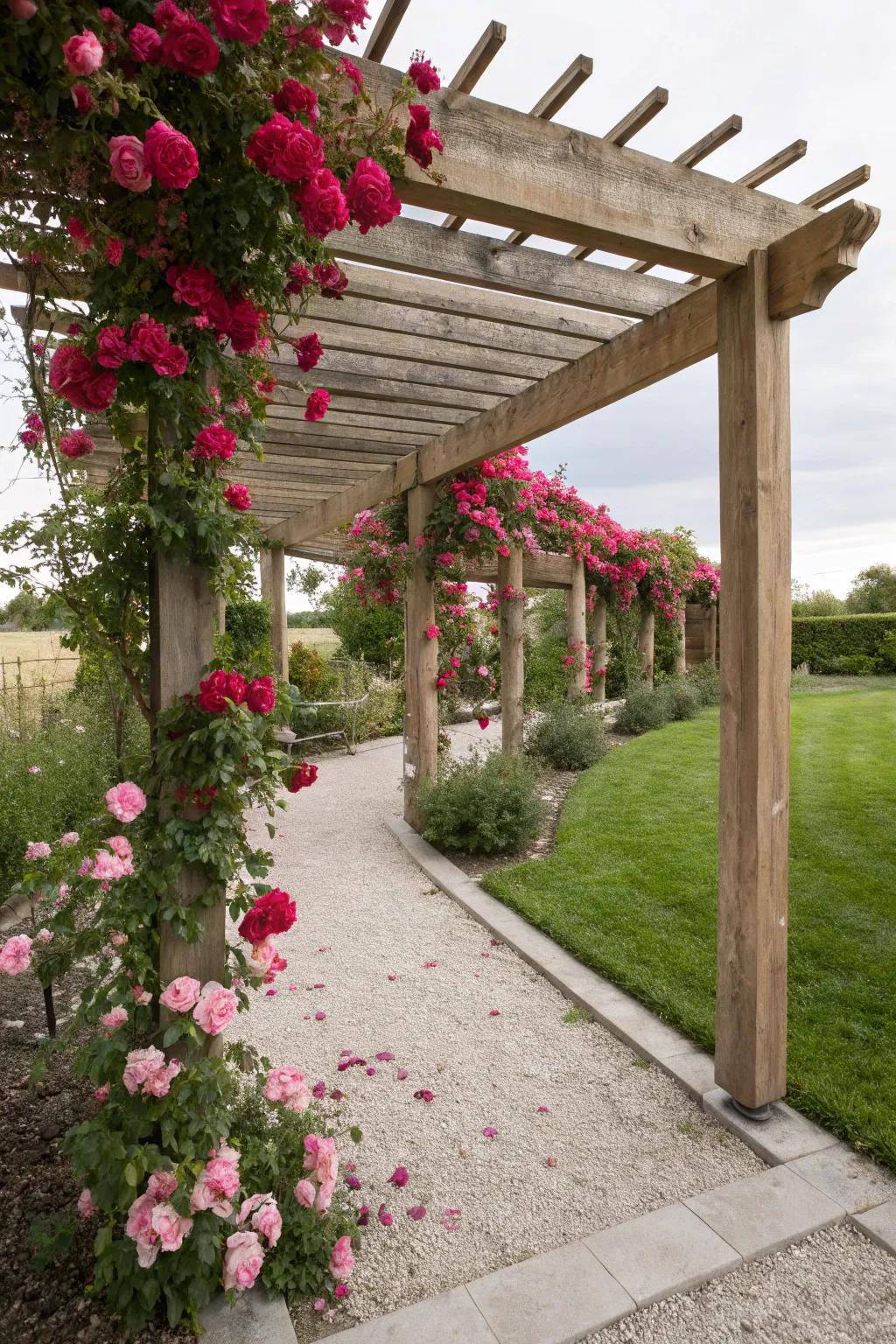 Transform your garden into a sanctuary with a stunning rose-covered pergola, where natural beauty meets minimalist elegance.