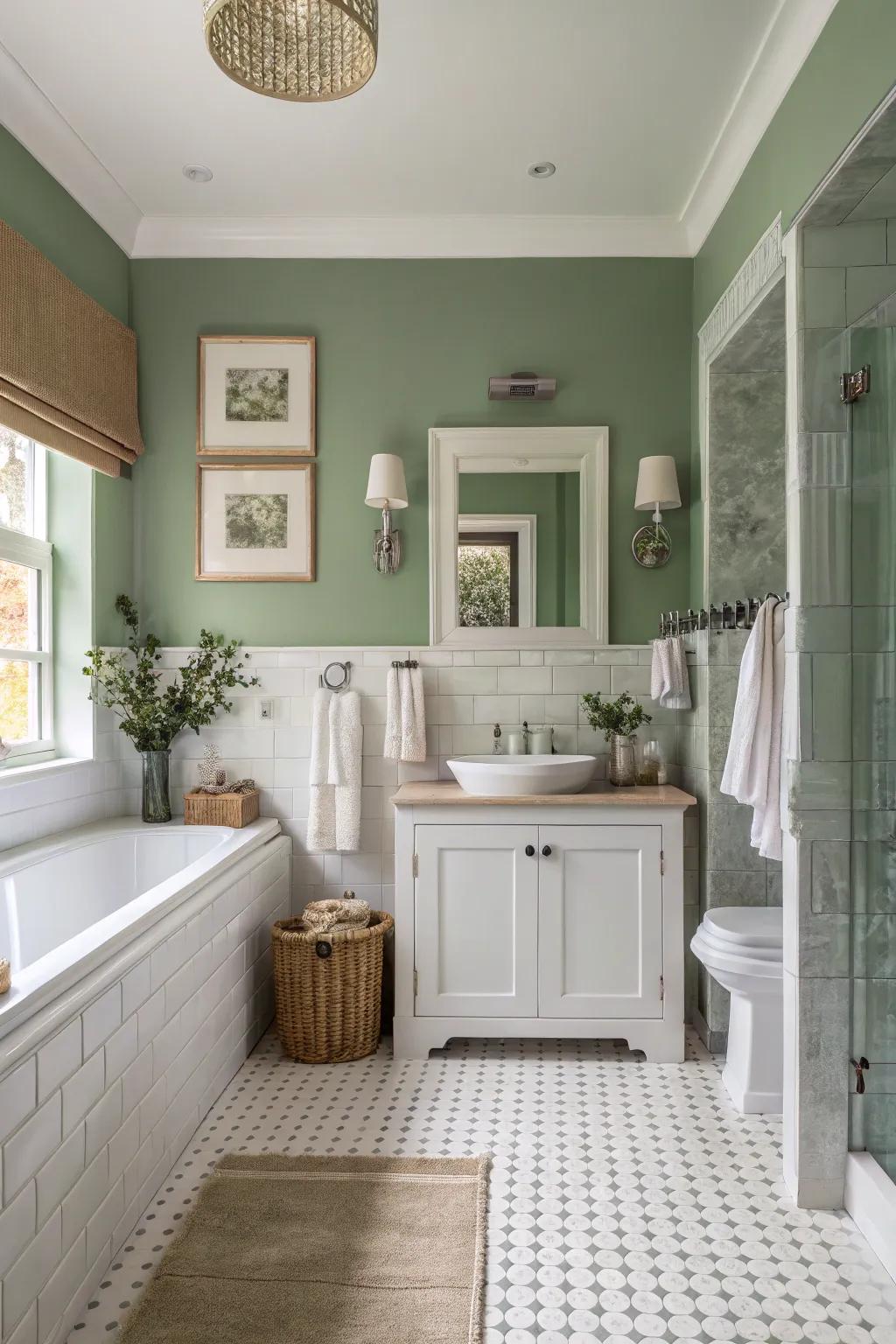 Sage green walls paired with white accents create a calming bathroom ambiance.